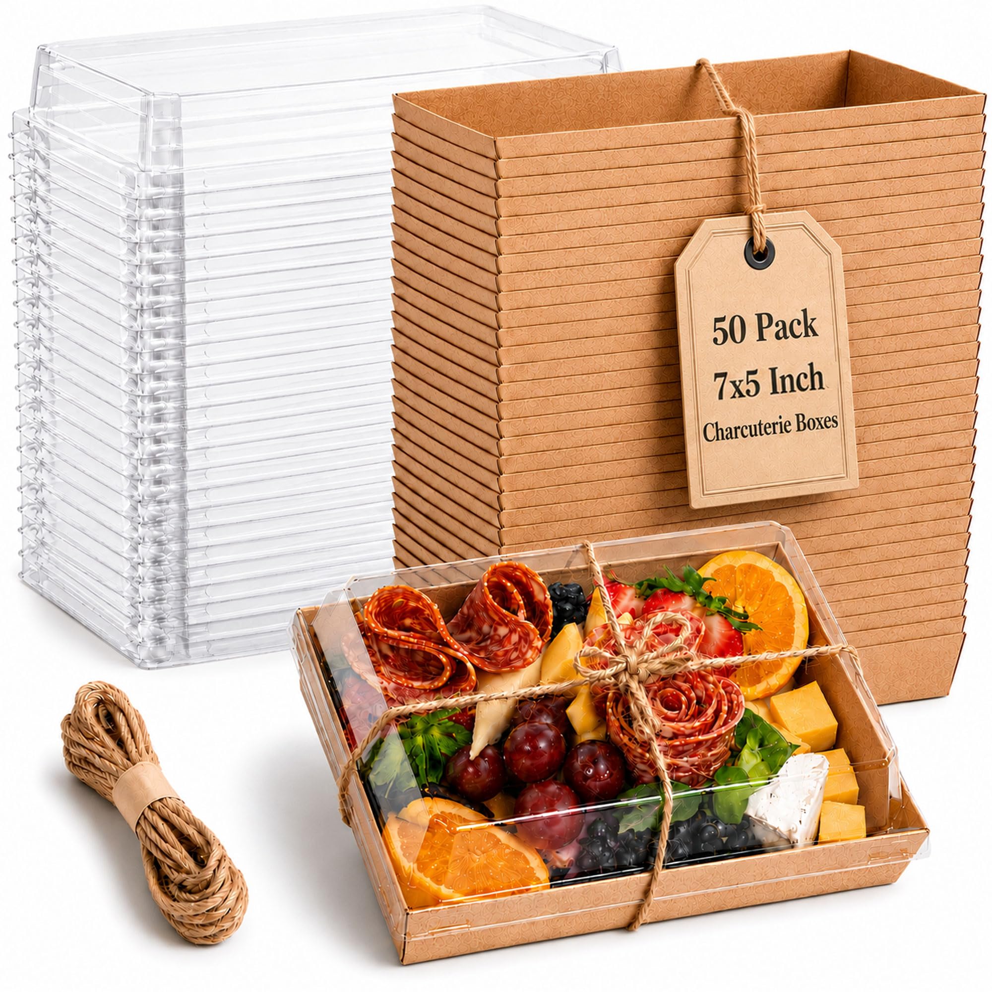 50 Pack 7x5in Charcuterie Board Boxes with Clear Lids, Paper Containers