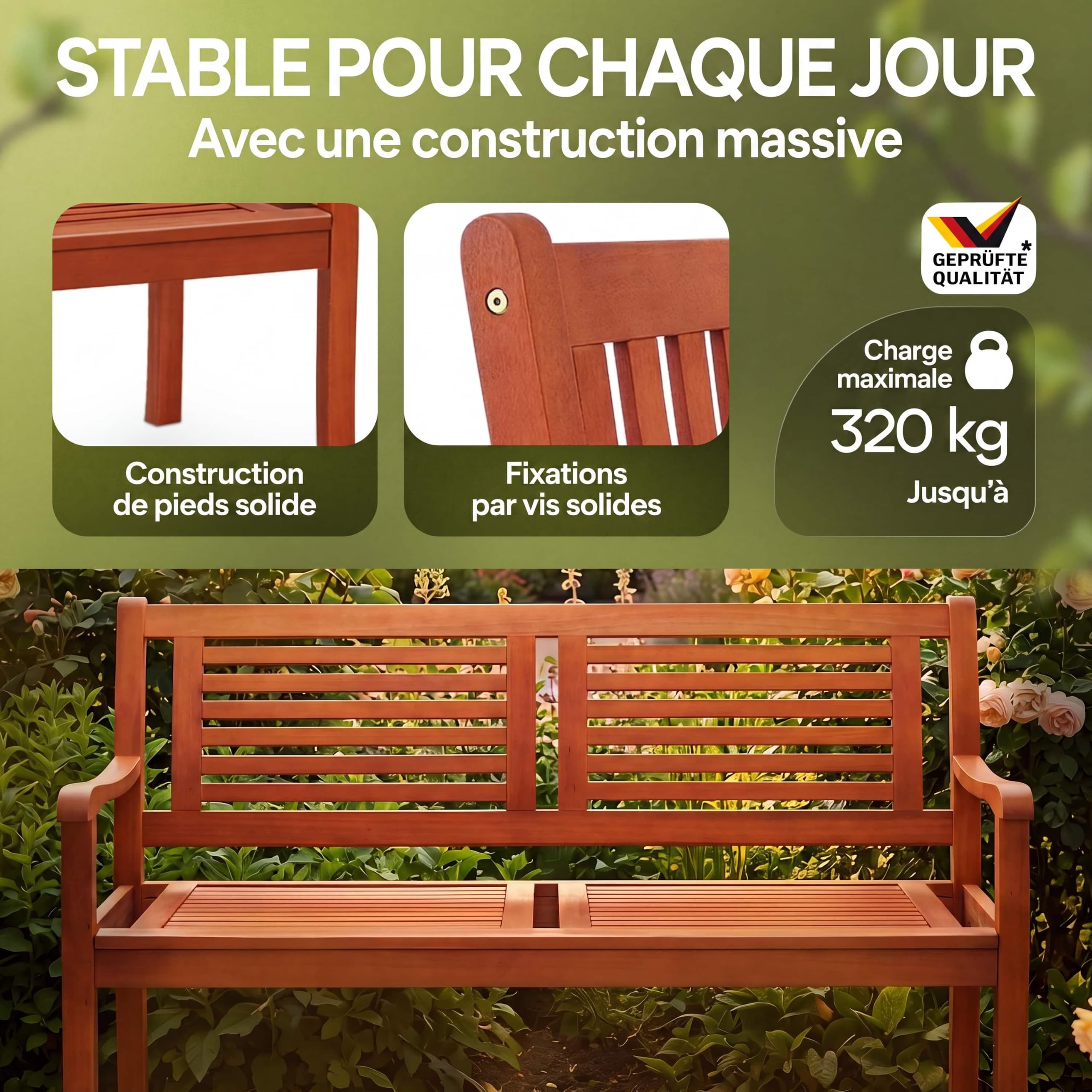 CASARIA® Banco de Jardín Exterior, Madera Certificada FSC® Eucalipto, Carga 320Kg, 2 Plazas, Mueble para Terraza Balcón Patio, 120x56cm, Reposabrazos, Resistente a la Intemperie