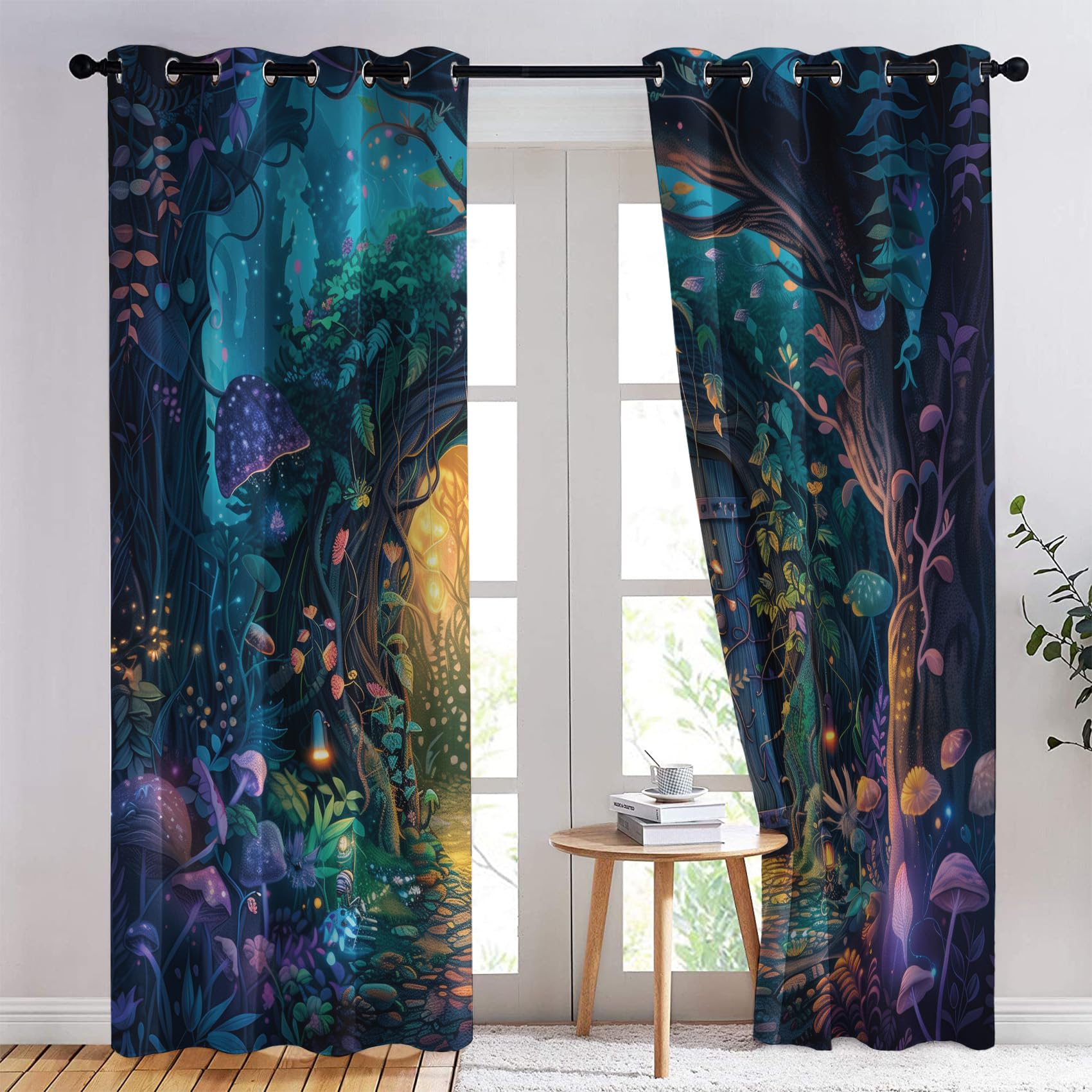 Rideau Occultant Forêt Magique, Bois Fantastique Motif Rideaux Thermiques à Oeillets, Rideaux Imprimé pour Salon Chambre Fenetre Moderne Décoration, 140x200 cm (L x H), Lot de 2