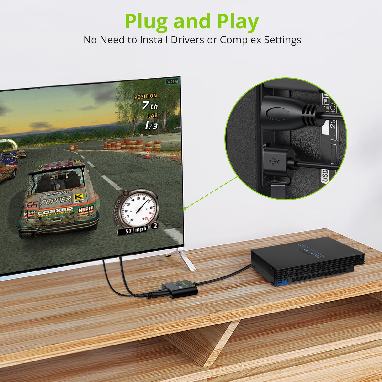 LiNKFOR Convertidor PS2 a HDMI 1080P 60hz,Adaptador HDMI Plug and Play con Conversión 16:9/4:3 RGB/YPbPr para PS2