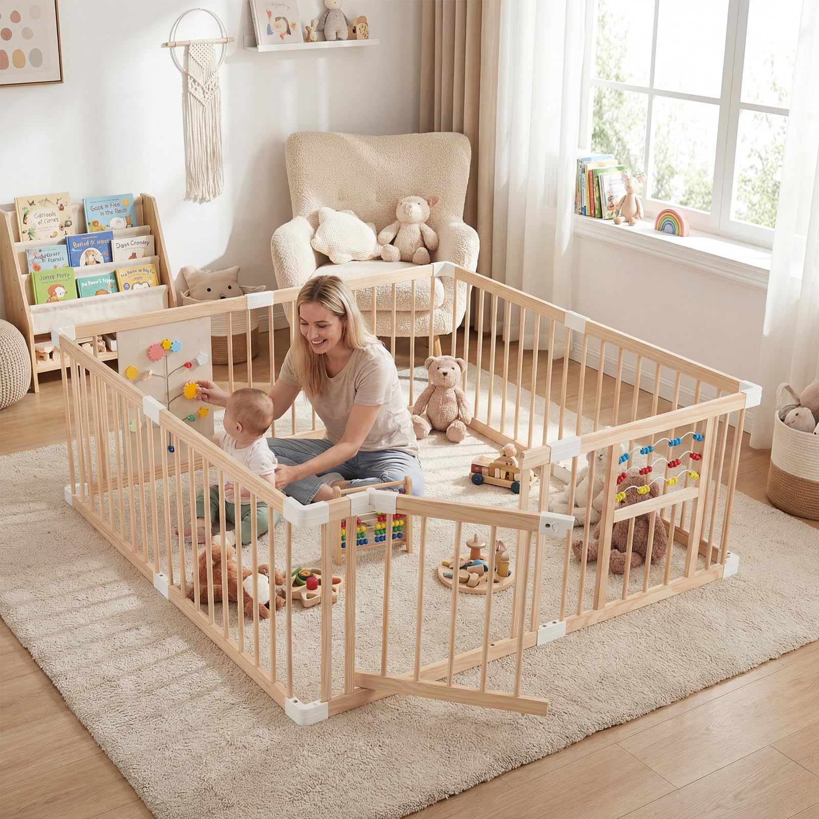 COSTWAY Parc Bébé Bois Pin Pliable, Porte Verrouillable et Jouets Montessori, Large Barrière de Sécurité 8 Panneaux, Parc Bebe Modulable pour Tout-petits 6 à 24 Mois, 160 x 160 x 61,5 CM - 3