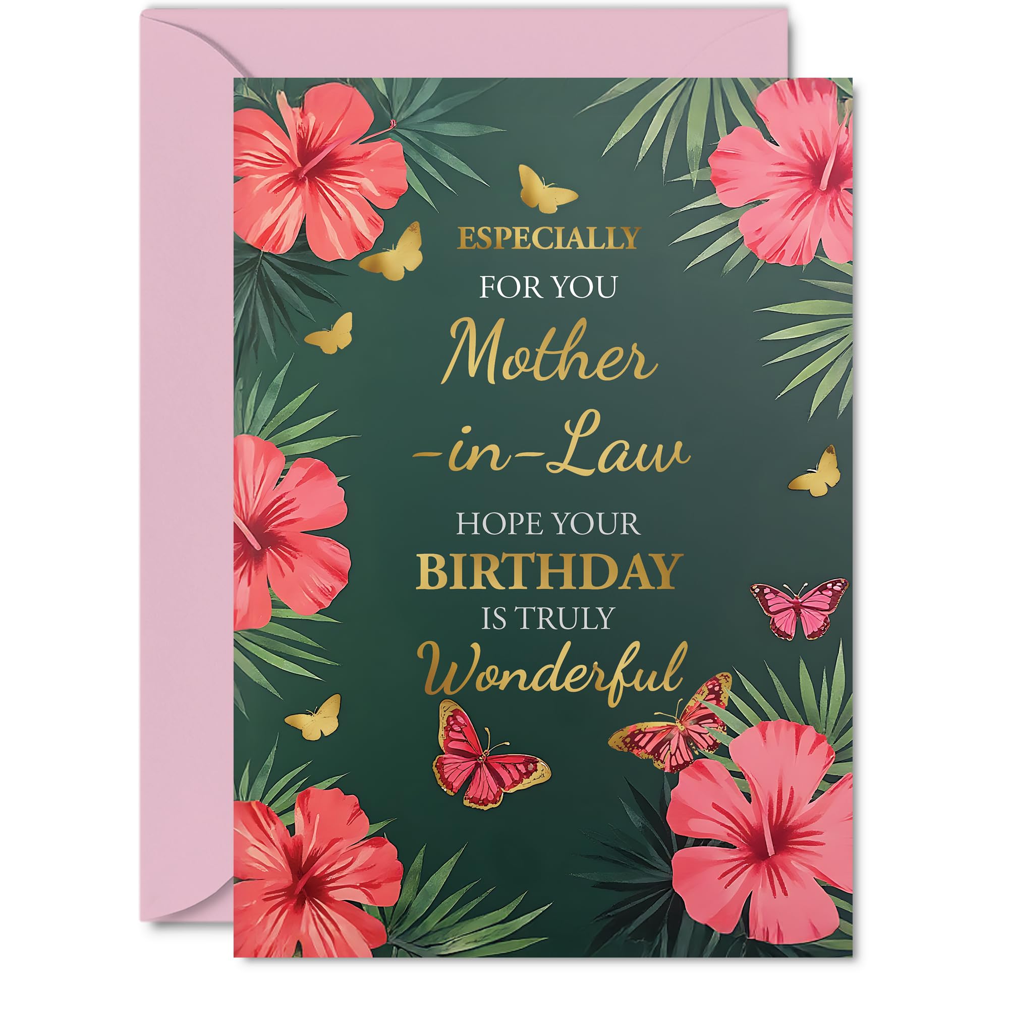 Gold Mother in Law Birthday Card - Butterflies & Flowers - Happy Birthday Card for Mother in Law from Son Daughter, A5 Golden Butterflies & Flowers Bday Greeting Cards