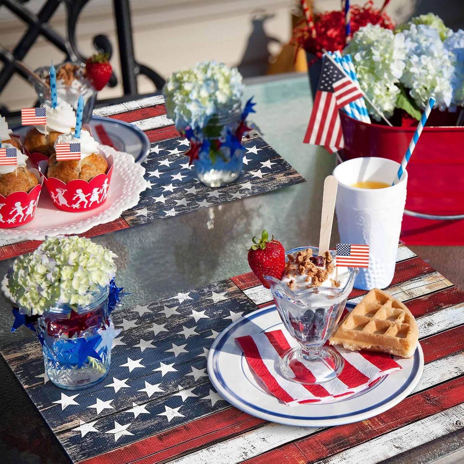 Vintage American Flag 4th of July Placemats Set of 6 13x19 Inch Red White Blue Striped Table Mats Patriotic Memorial Day Independence Day Holiday Kitchen Dining Home Outdoor Party Table Decoration