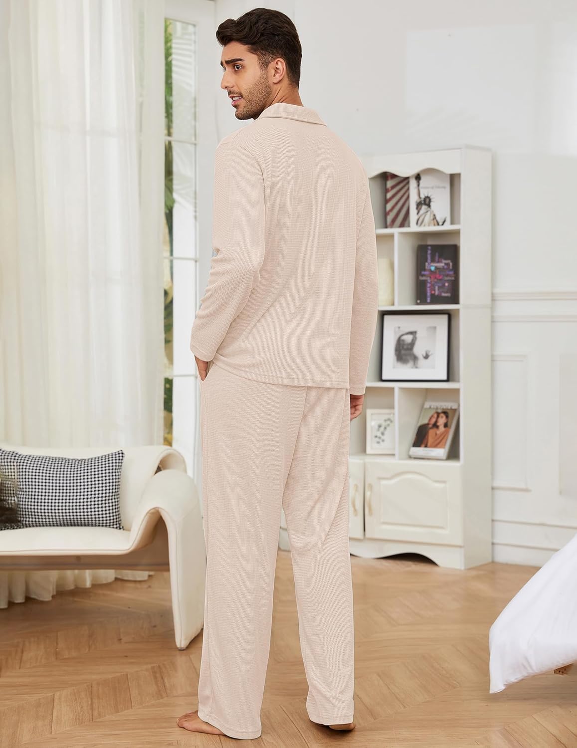 Andeip Men's Pajama Set Waffle Knit Lounge Pjs Set Long Sleeve Top and Pants Sleepwear 2 Piece Button Down Loungewear - Image 6