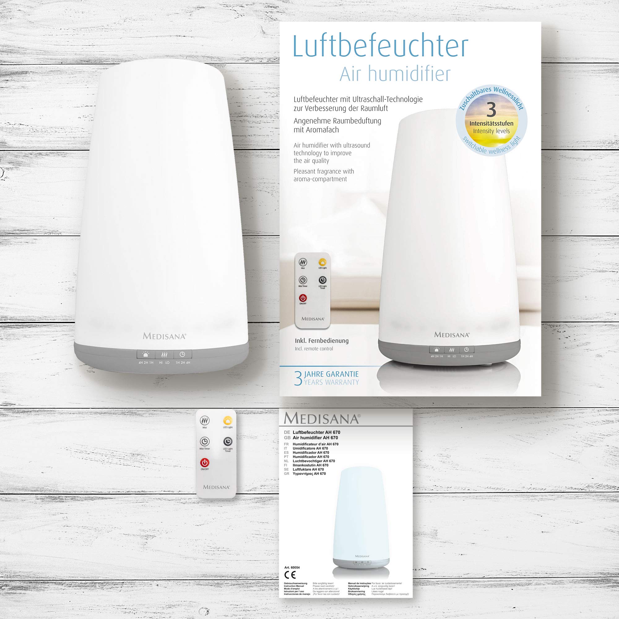 Medisana AH 670 Luftbefeuchter Ultraschall - Luftreiniger mit Aromafach und Vorheizfunktion, Vernebler mit Fernbedienung für Wohn- und Schlafzimmer für trockene Luft, 1,8 L
