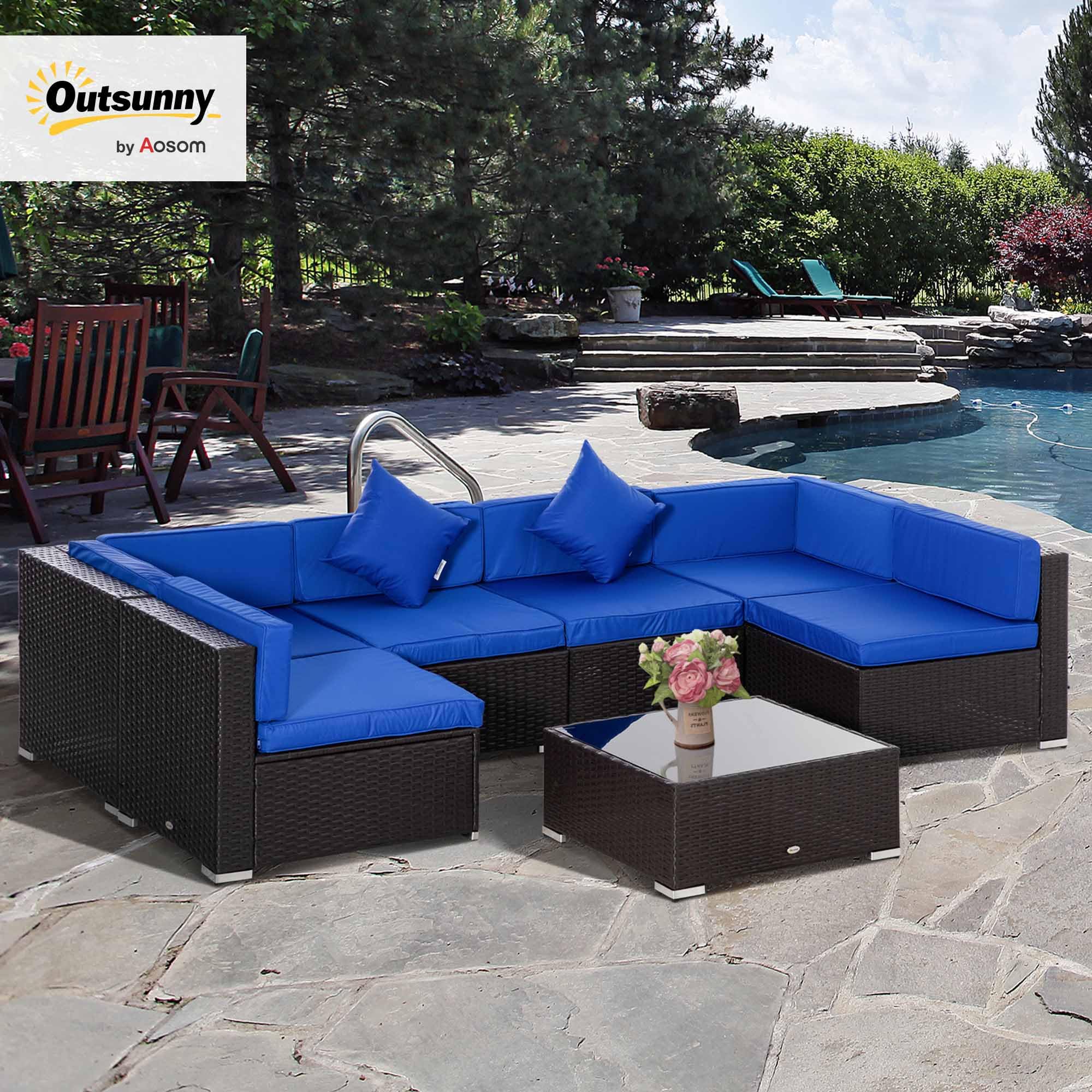 Outsunny 7-Seater Rattan Corner Sofa Set - Outdoor Garden Furniture With Table & Footstools, Dark Blue-471085