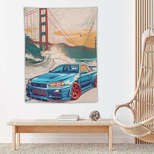 Miniatura 5 de QEOPGNE Tapiz grande para colgar en la pared, diseño de puente de puerta dorada, grandes olas, japonés, retro, Jdm, auto, R34, tapiz para