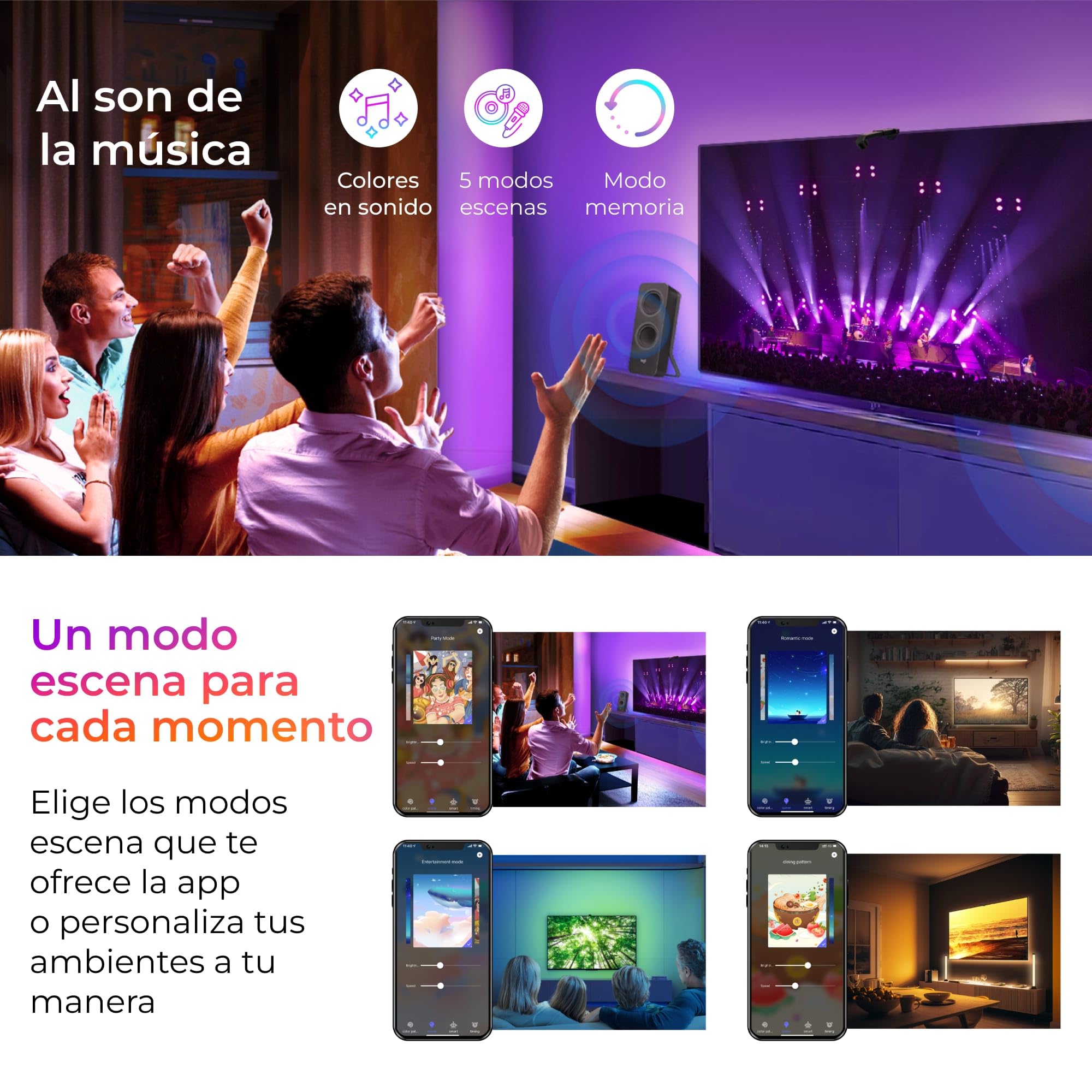 Tiras LED inteligentes para TV Ksix AmbiGlow, Sensor de color, TV 55 a 75