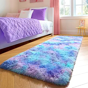Amdrebio Purple Rainbow 2x6 Runner Area Rugs for Bedroom Girls Room Decor, Colorful Bedside Mermaid Stitch Frozen Kids Rugs for Playroom Nursery Dorm, Fluffy Furry Cute Kawaii Carpet for Baby Toddler