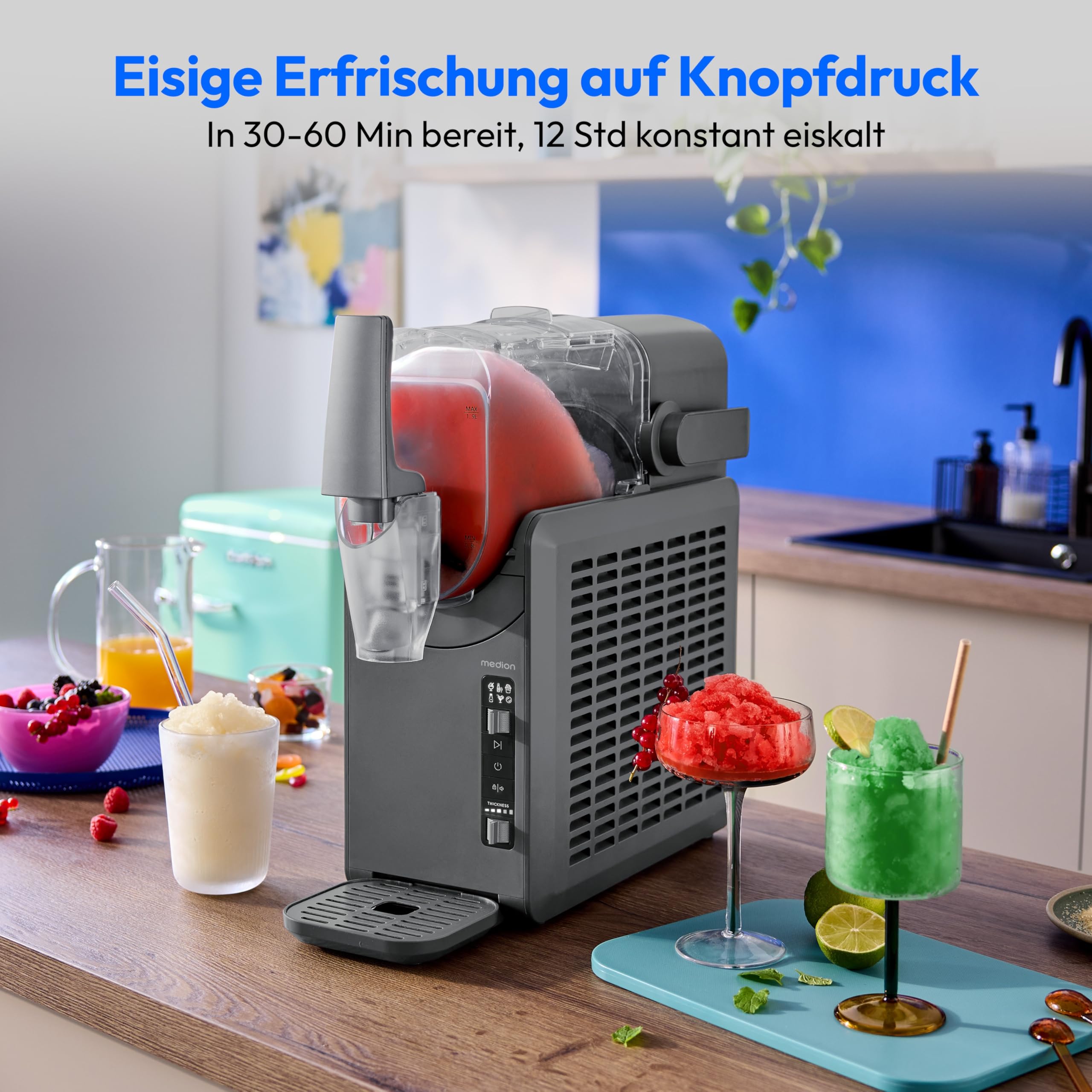 MEDION Slush Maschine (2,6 Liter Slush-Eis Kapazität, 1,9 Liter Fassungsvermögen, Slush Ice Maker für Getränke, 5 Getränkemodi, 30-60 Minuten Zubereitungszeit, Kompressor, Slush Eis Maschine, MD12090)