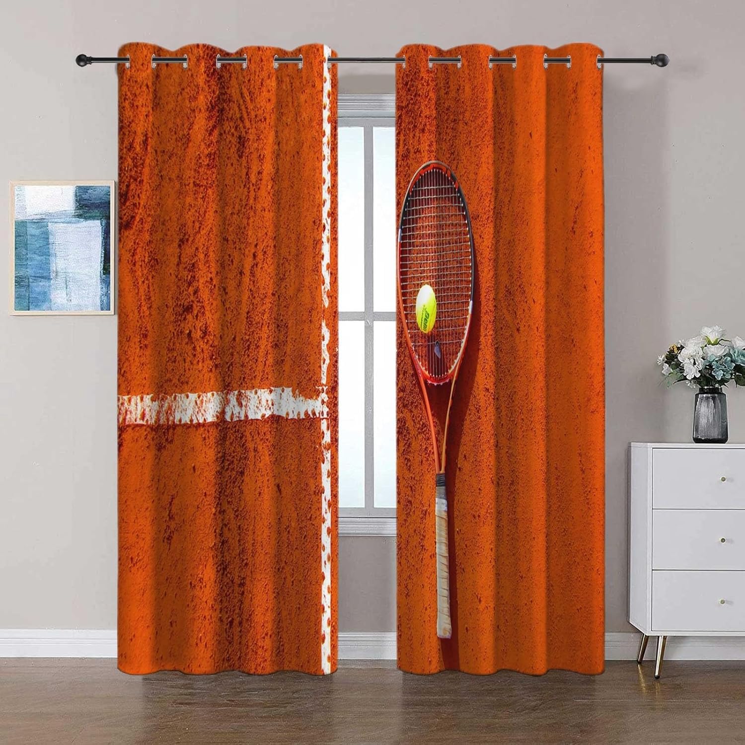 3D Drucken Gardinen Tennis Wohnzimmer Vorhänge, Tennis Vorhang Blickdicht Ösen Wärmeisolierend Gardine, Schlafzimmer Deko Curtain 2 Stücke 91.5 x 214 cm BxH q1774