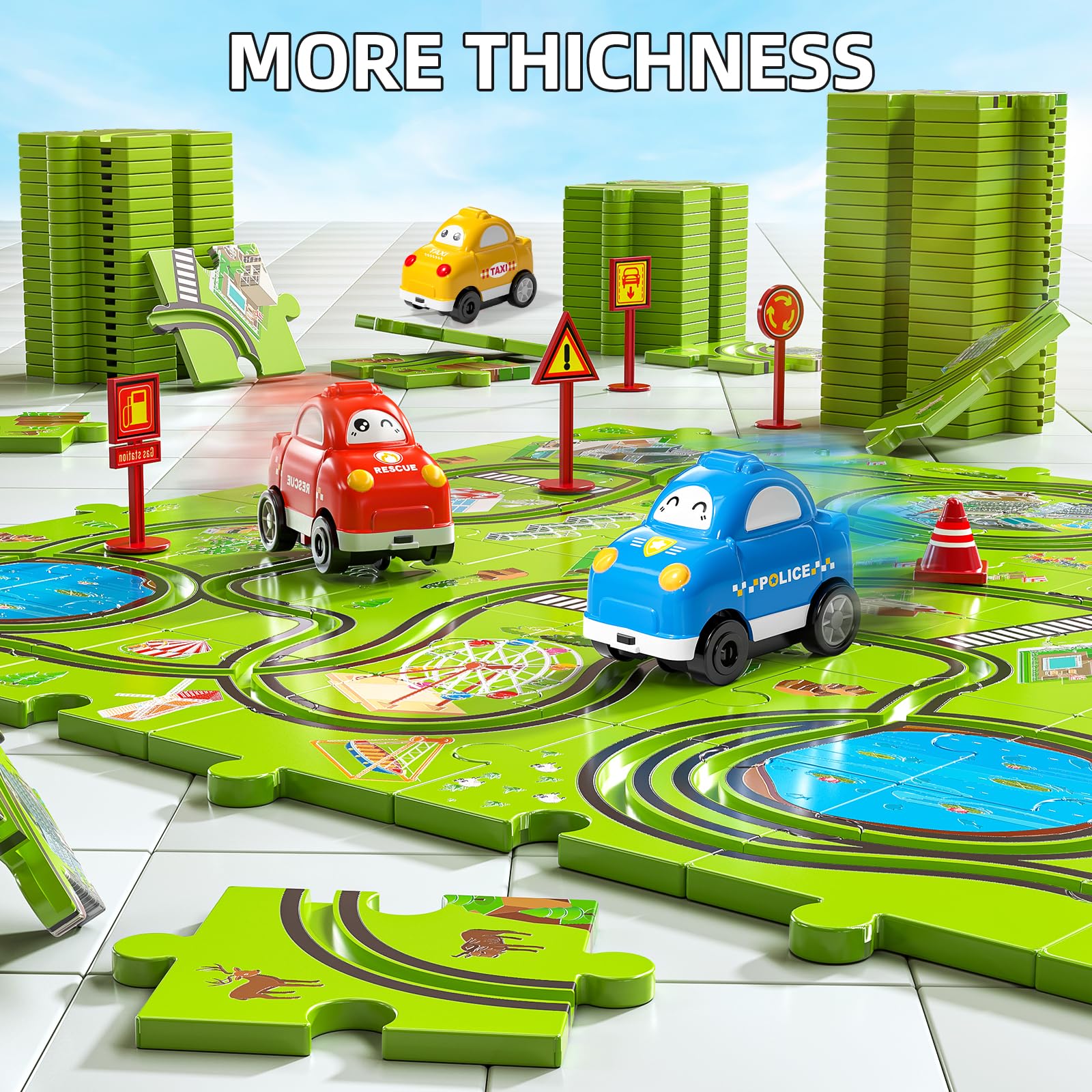 JUKUDAHU 64 Pieces Puzzle Race Track Car Set Toys for 3 4 5 6 Year Old Boys - Puzzle Tracks Car Toys for Kids Ages 3-5 with 3 Sliding Toy Cars, City-Themed, Birthday Gifts for Toddlers 1-3 2-4 4-6