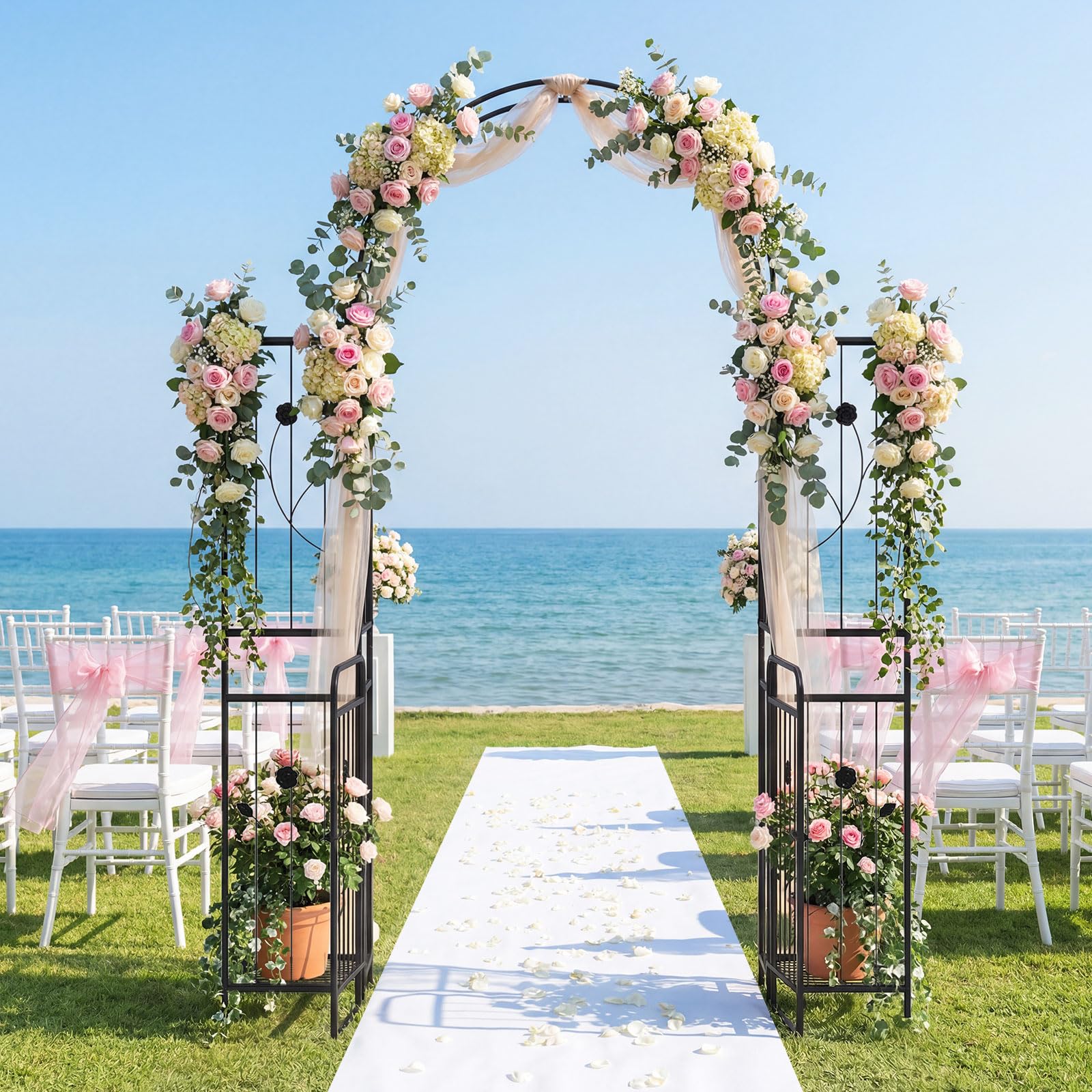 HOMASIS Rosenbogen mit Tür, Metall Gartenbogen mit Rankgitter & 2 Pflanzkästen, Gartentor stabil wetterfest, Rankhilfe für Kletterpflanzen, Spalier Torbogen für Hochzeit Garten Partys (163x50x220cm)
