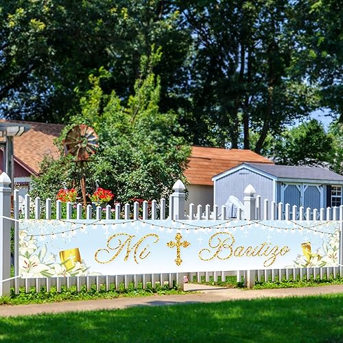 Miniatura 5 de INNORU Cartel grande de fondo Mi Bautizo, cartel de césped para fiesta de bautismo español mexicano, baby shower, patio, jardín, fiesta de primera