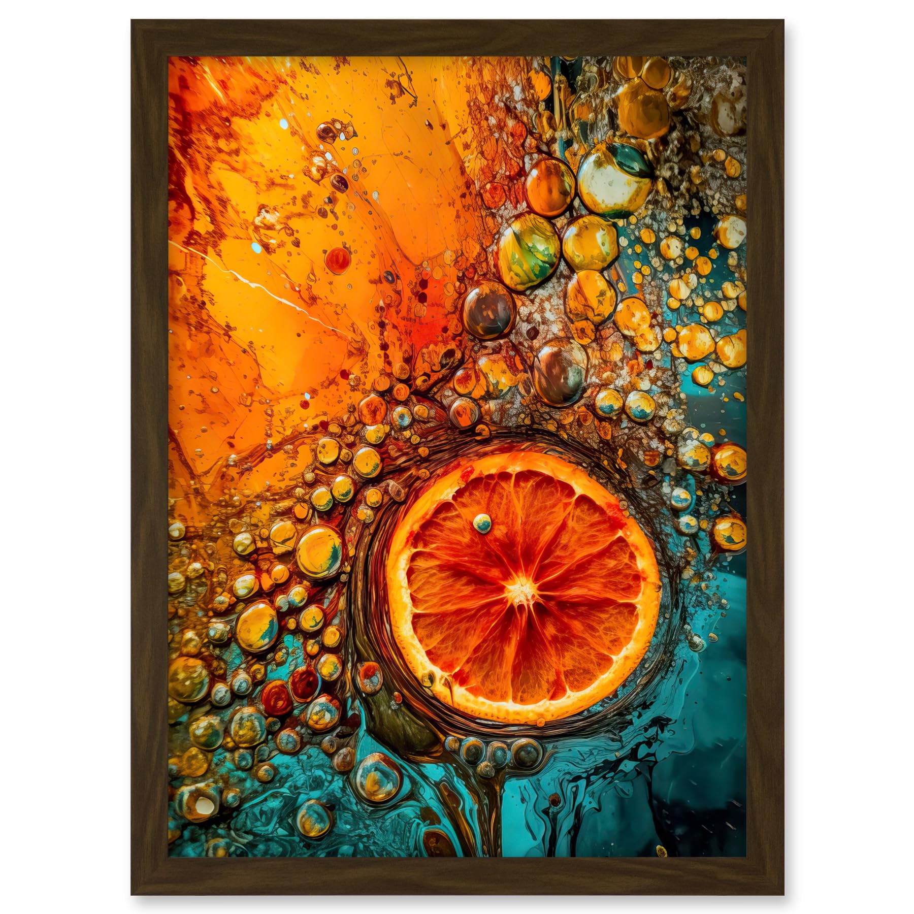 Artery8 Abstract Liquid Paint Dried Orange Fruit Slice Artwork Framed A3 Wall Art Print