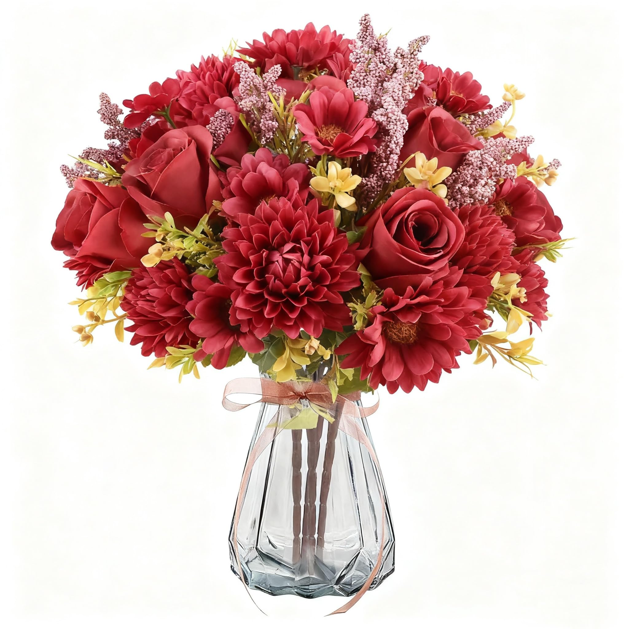 ELLECILA 4 Bunches Red Artificial Flowers Bouquet-28 Realistic Heads Floral Arrangement,Real Touch Silk Flores Artificiales for Wedding,Home Decor, Table Centrepieces,DIY Floral Arrangements (Red)