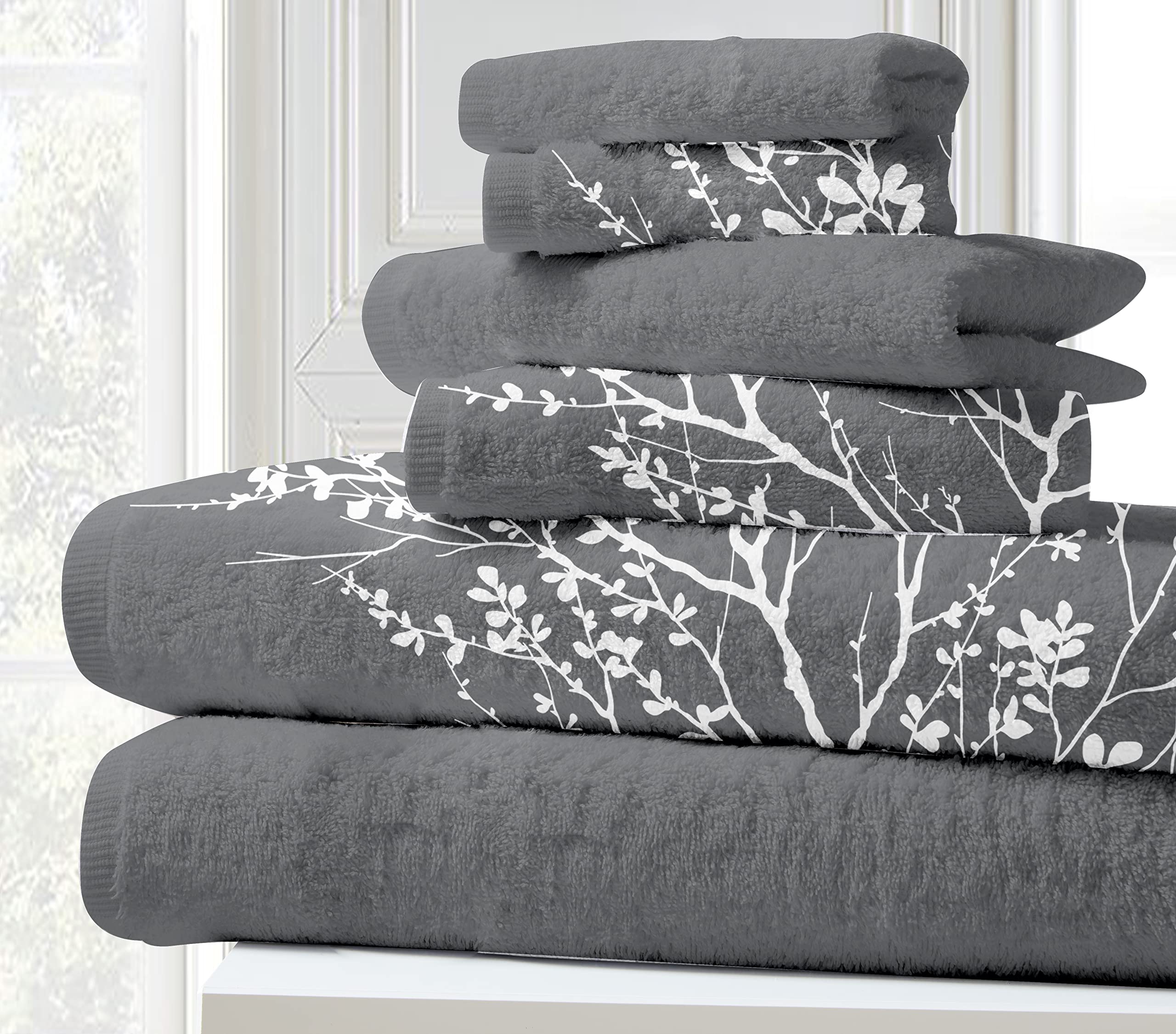 SL SPIRIT LINEN HOME EST. 19886pc Bath Towels Set, Super Soft & Zero Twist Cotton Bathroom Decor, Elegant Floral Design, Grey
