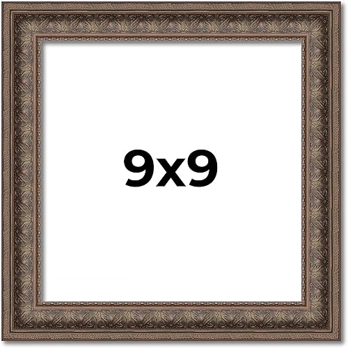 Marco de fotos de madera real marrón ornamentado de 9 x 9 pulgadas de ancho de 1.5 pulgadas Profundidad del marco interior de 0.5 pulgadas Marco