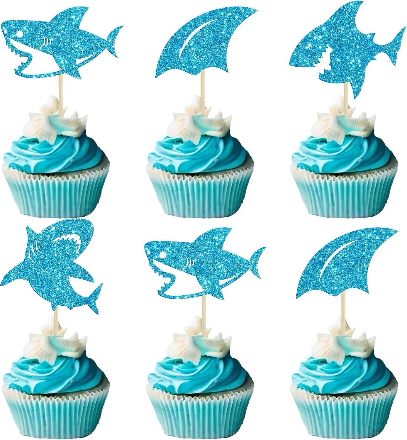 Gyufise 24Pcs Shark Cupcake Toppers Blue Glitter Shark Fin Cupcake Picks Ocean Animals Shark Theme Baby Shower Kids Birthday Party Cake Decorations Supplies
