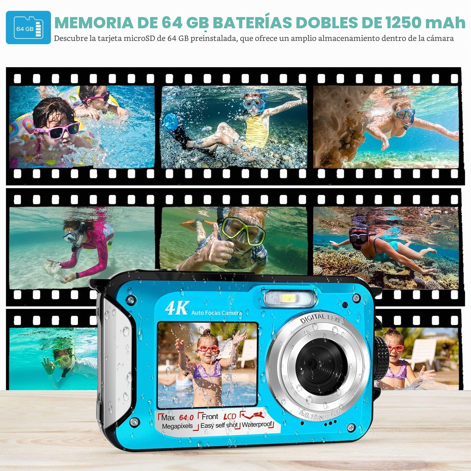 Cámara Acuática 64MP con Tarjeta de Memoria 64GB, Sumergible 4K con Autoenfoque y Doble Pantalla para Selfies, Sumergible hasta 5 Metros para Niños y Snorkel (2 Baterías)