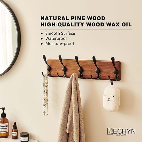 Miniatura 2 de Perchero de madera rústica con 5 ganchos, soporte de pared resistente para colgar chaquetas (marrón)