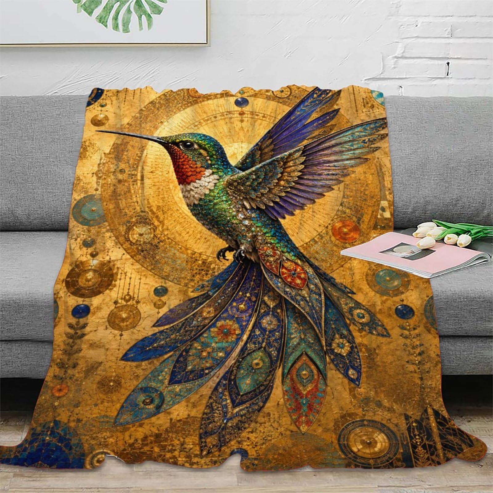 H3B8U2Y5 Golden Mosaic Hummingbird Throw Blanket, Ornamental Bird, Camping