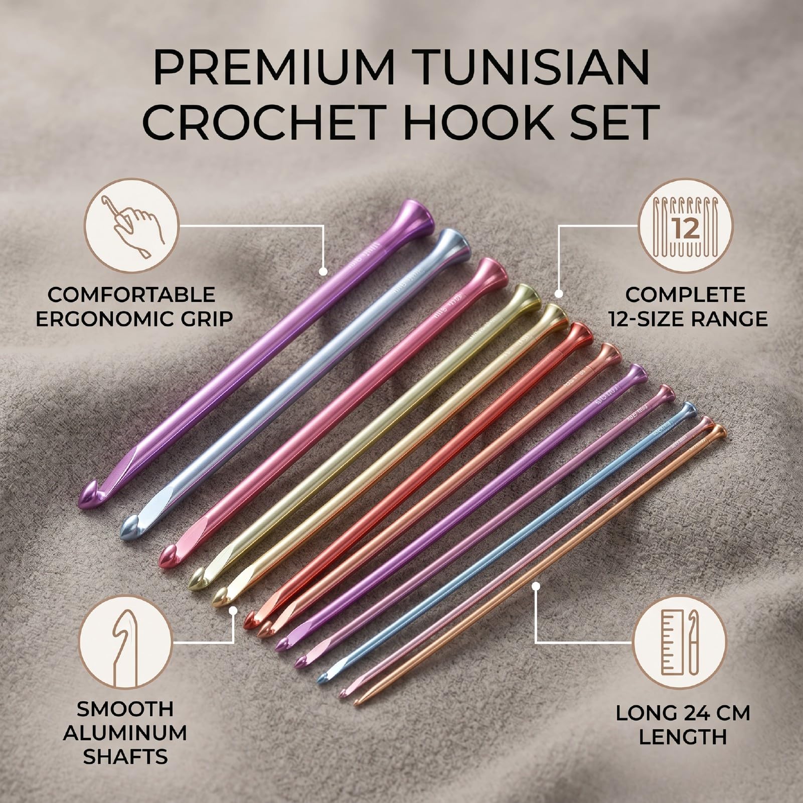 Tnfeeon Set de Ganchillos Afganos 3-10mm, 12 Ganchillos de Aluminio con | Agujas Tunecinas Lisas de 24 Cm de Largo, Superficie Pulida sin Enganches, Diseño Ergonómico Liviano para Hacer sin Fatiga,