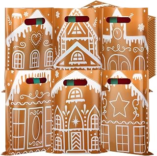 Sinmoe 200 Pcs Plastic Christmas Bags Bulk Christmas Merchandise Gift Bag with Handle 9" x 12" Reusable Xmas Goodie Treat Pouch for Candy Retail Shopping Business Party(Khaki,Gingerbread House)