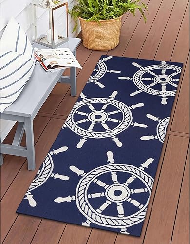 Miniatura 67 de Liora Manne Compass - Alfombra azul marino para porche delantero para interiores y exteriores, 5 pies x 7 pies 6 pulgadas Compass Navy,Brújula