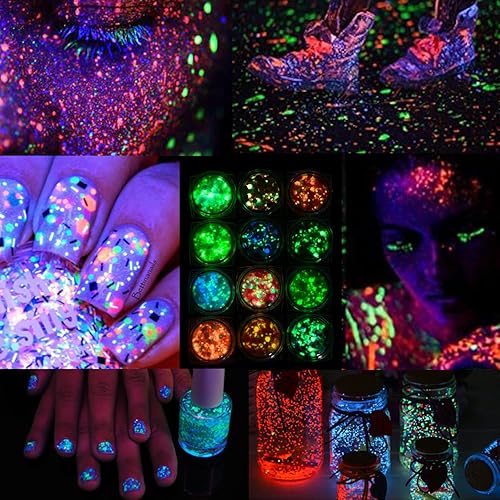 Miniatura 2 de Brillantina gruesa que brilla en la oscuridad, 12 cajas de purpurina iridiscente luminosa Tiffany rosa amarilla escamas para cara, ojos, cuerpo,