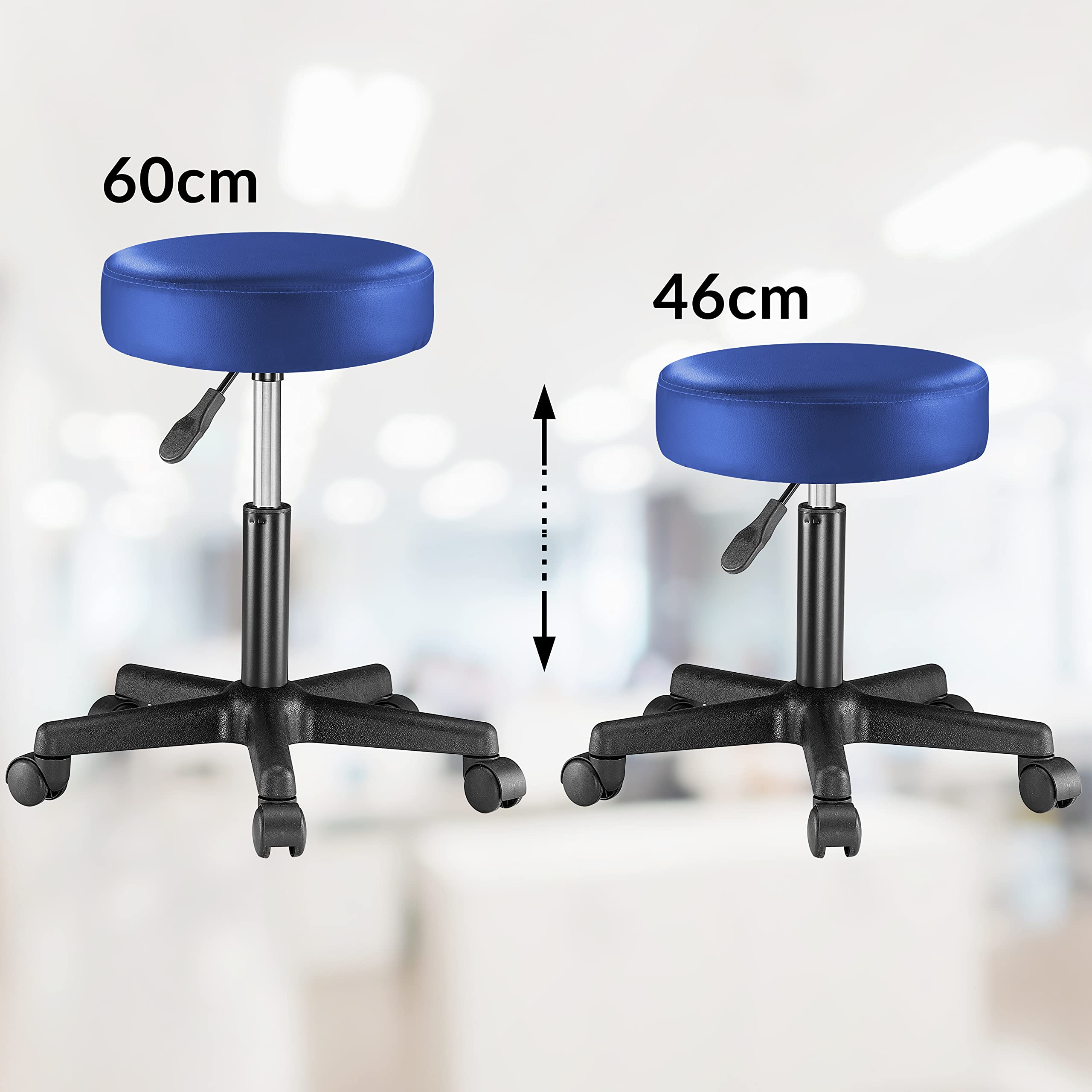 CASARIA® 2X Taburete Oficina Giratorio 360° Redondo Ø 35cm con Ruedas Silla Escritorio Trabajo Altura Regulable 46-60cm Acolchado 10cm Resistente Azul