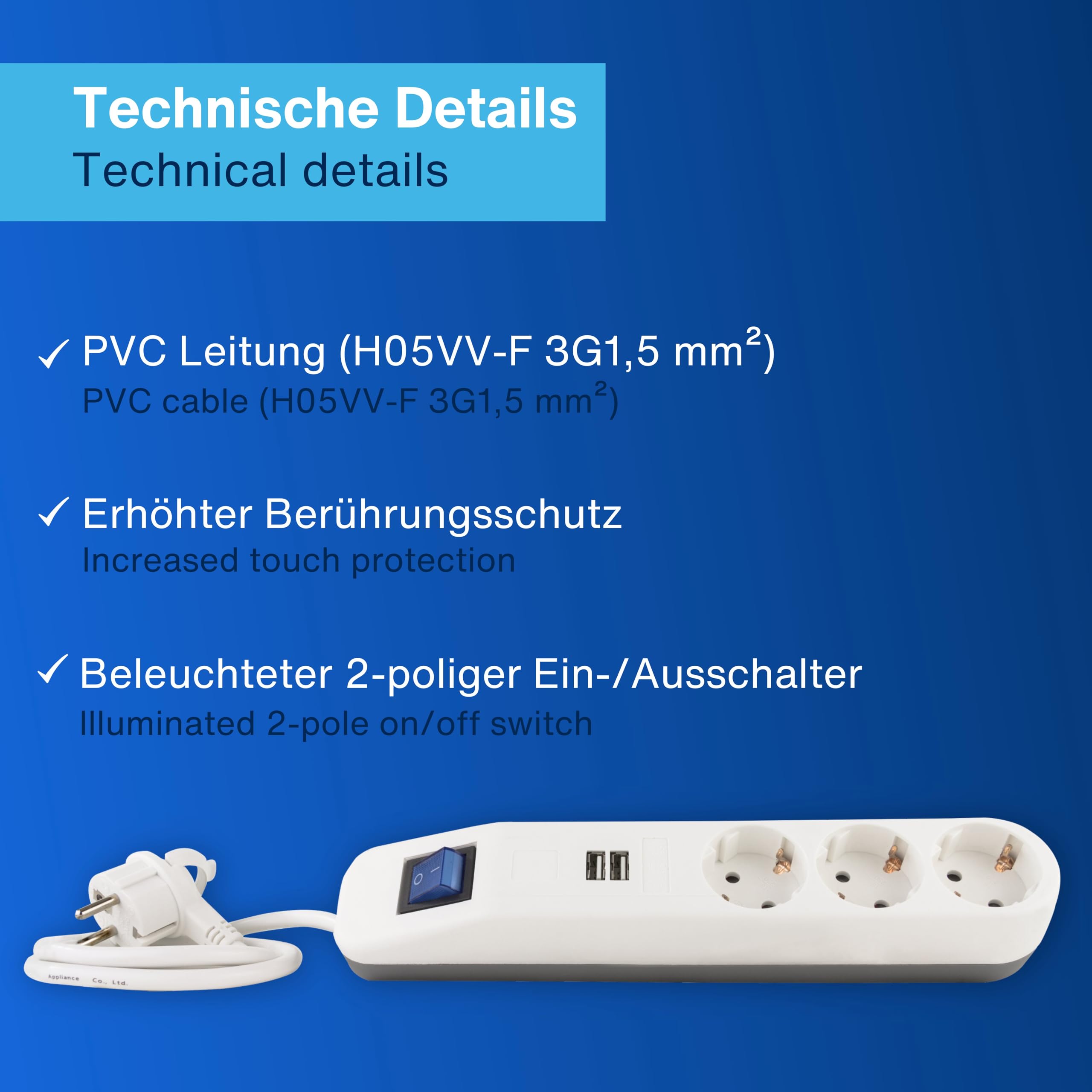 REV ICE listwa zasilająca z USB, 3 gniazda, gniazdo USB, 2 x USB, ładowarka, 1,4 m, maks. 3680 W, biała