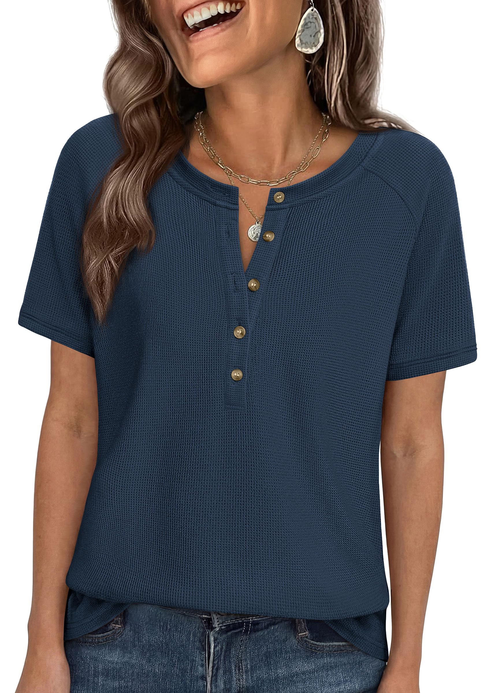 PRETTYGARDEN Waffle Knit Tops for Women Short Sleeve Henley Shirts 2026 Summer Blouses Dressy Casual Spring Fashion Clothes — view 18