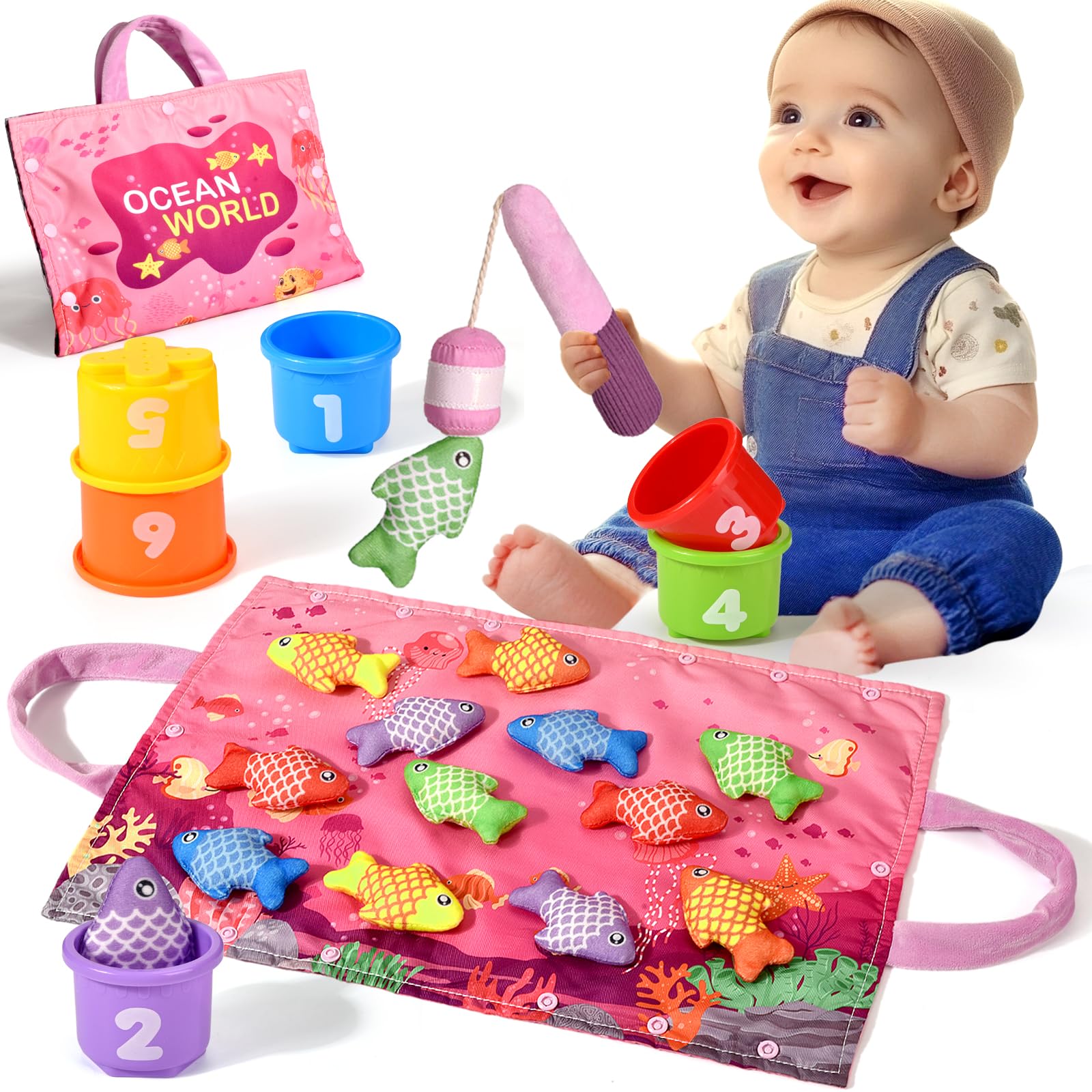 Yitical Giochi Bambini 1 Anno, 20PCS Montessori Gioco Pesca Morbidi, Regalo Bambina 1 Anno 6 9 12 Mesi 2 Anni, Interattivi Educativo Giocattoli Bimba Bimbo-Rosa