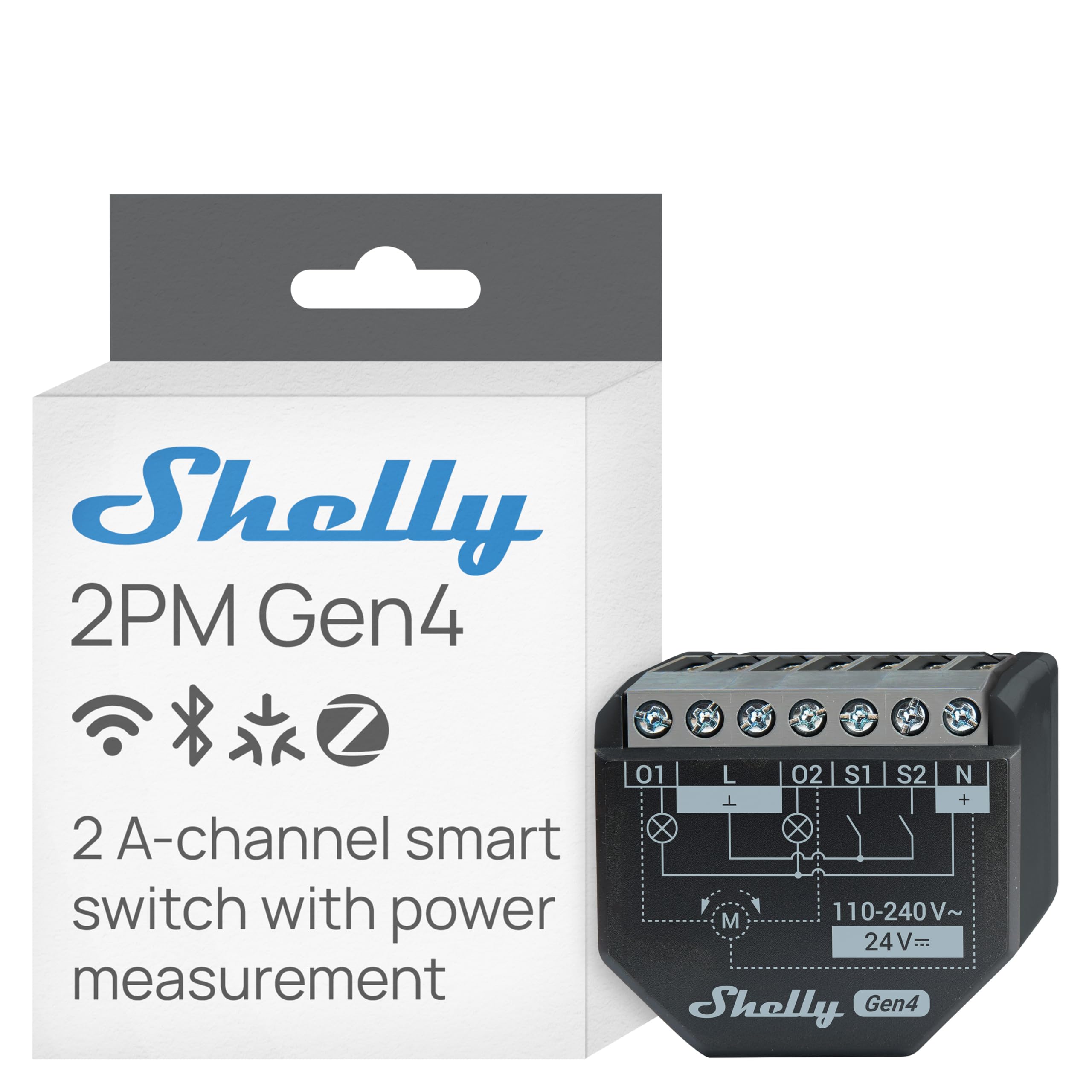 Shelly Shelly 2PM Gen4- Interruptor Relé Inteligente Alimentado Por WLAN- Bluetooth- Y Zigbee, 2 Canales, 16A, Medición De Potencia, Interruptor De Persiana, Domótica, Control Remoto, No Requiere Hub, Alexa