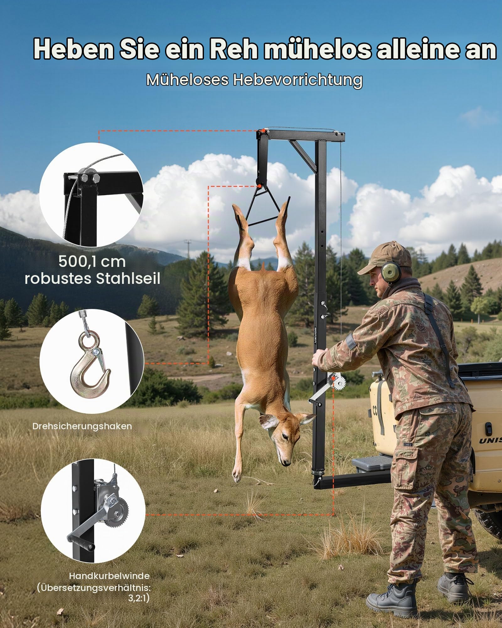 VEVOR Game Hoist mit Seilwinde & Gambrel, 136 kg Tragkraft, LKW-Wildhebezeug mit 5,08 cm Empfänger, 360-Grad-Schwenkschaft & einstellbarer Höhe, zum Häuten & Säubern von Wild im Jagdspiel