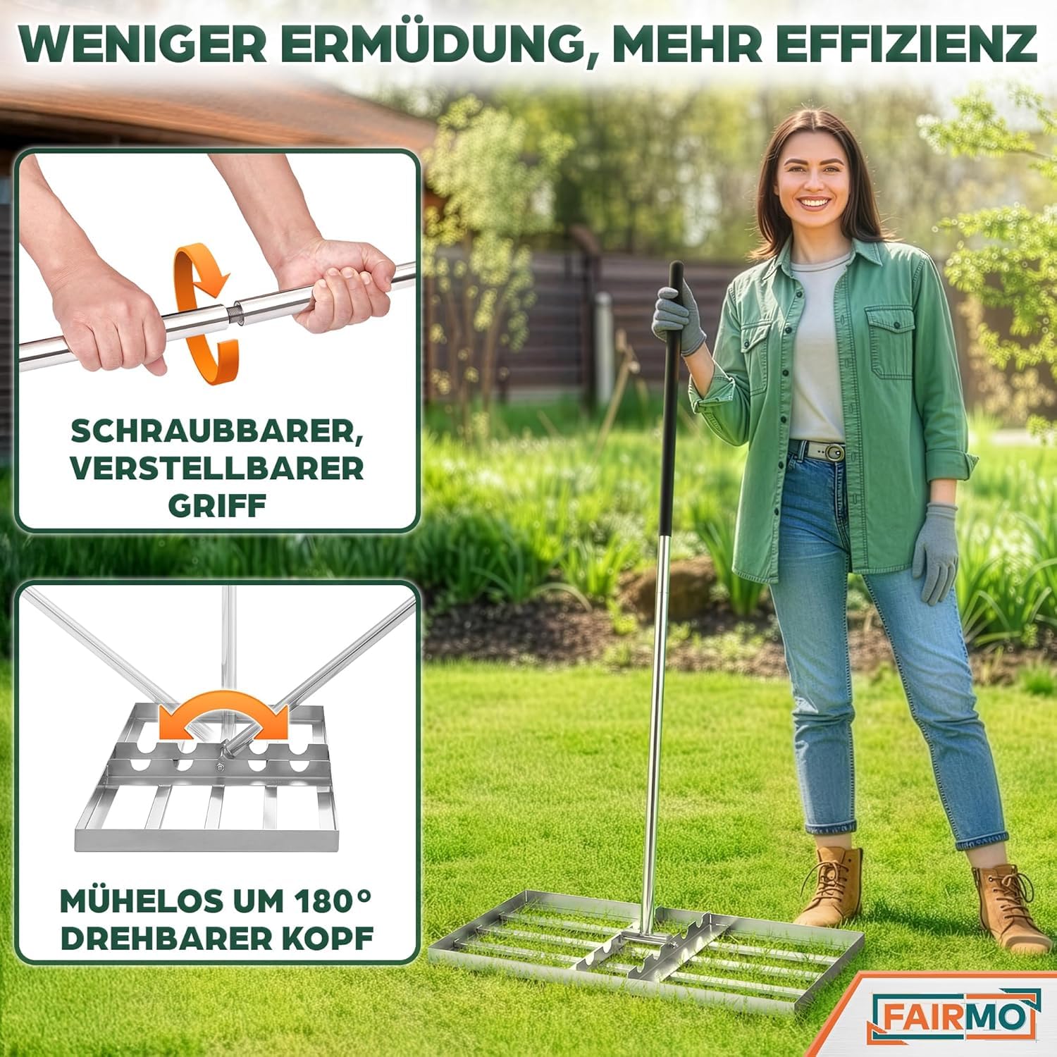Rasenrechen Rasenrakel Edelstahl (75x35 cm) von Fairmo [für sattgrünen Rasen] - Rakel für Rasen inkl. 2 Meter Stiel - Rasenpflege mit Nivellierrechen - Rasenrechen breit Sanden