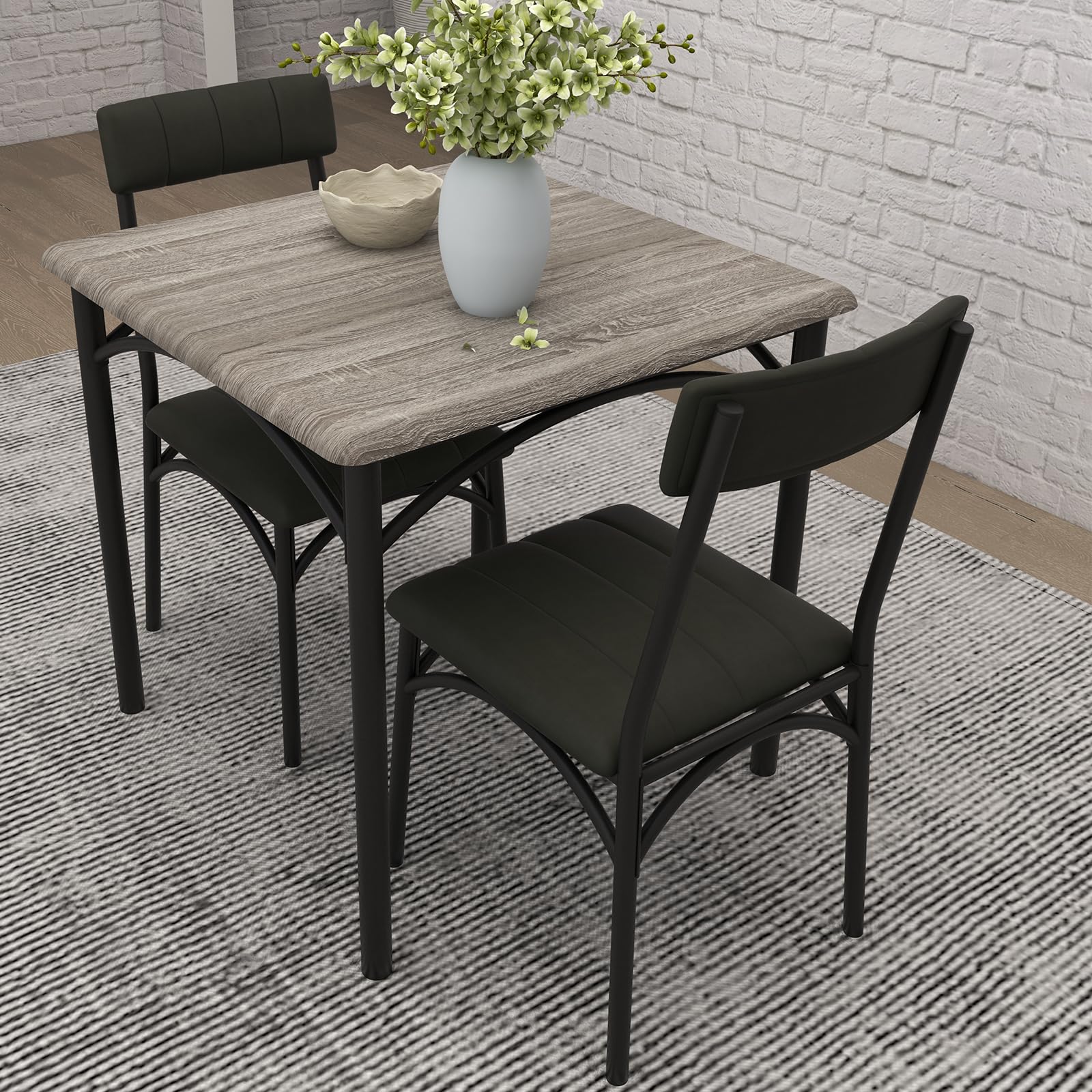 Esszimmertisch-Set 1 Tisch 2 Stühle, Küchentisch mit gepolsterten Stühlen, kompaktes Esstisch-Set aus Holz und Eisengestell, platzsparend, pflegeleicht, einfache Montage, Zementgrau