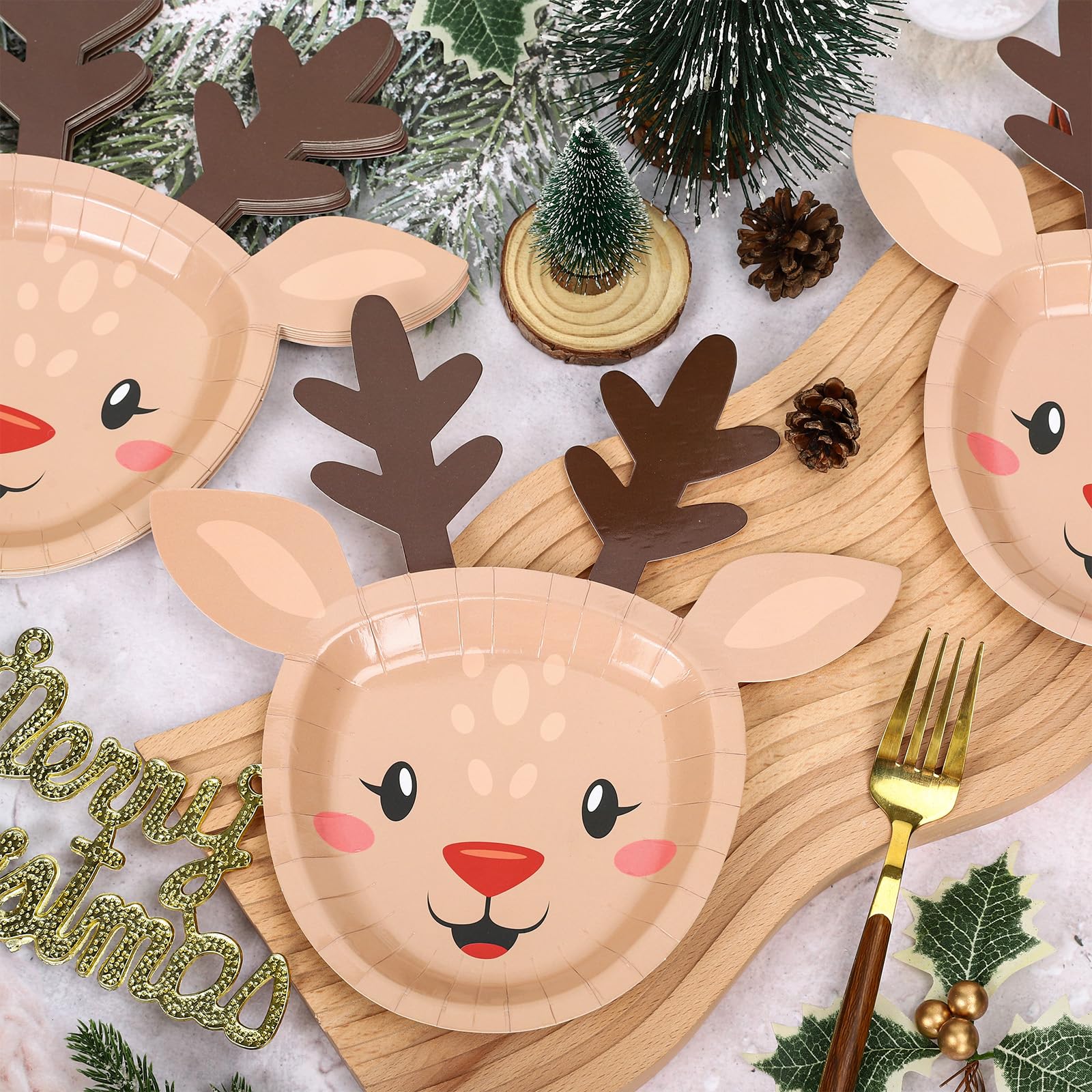 JarThenaAMCS 48 platos de papel de alce de Navidad, divertidos platos desechables de renos de dibujos animados para cumpleaños, invierno, vacaciones, fiestas, suministros de decoración de mesa