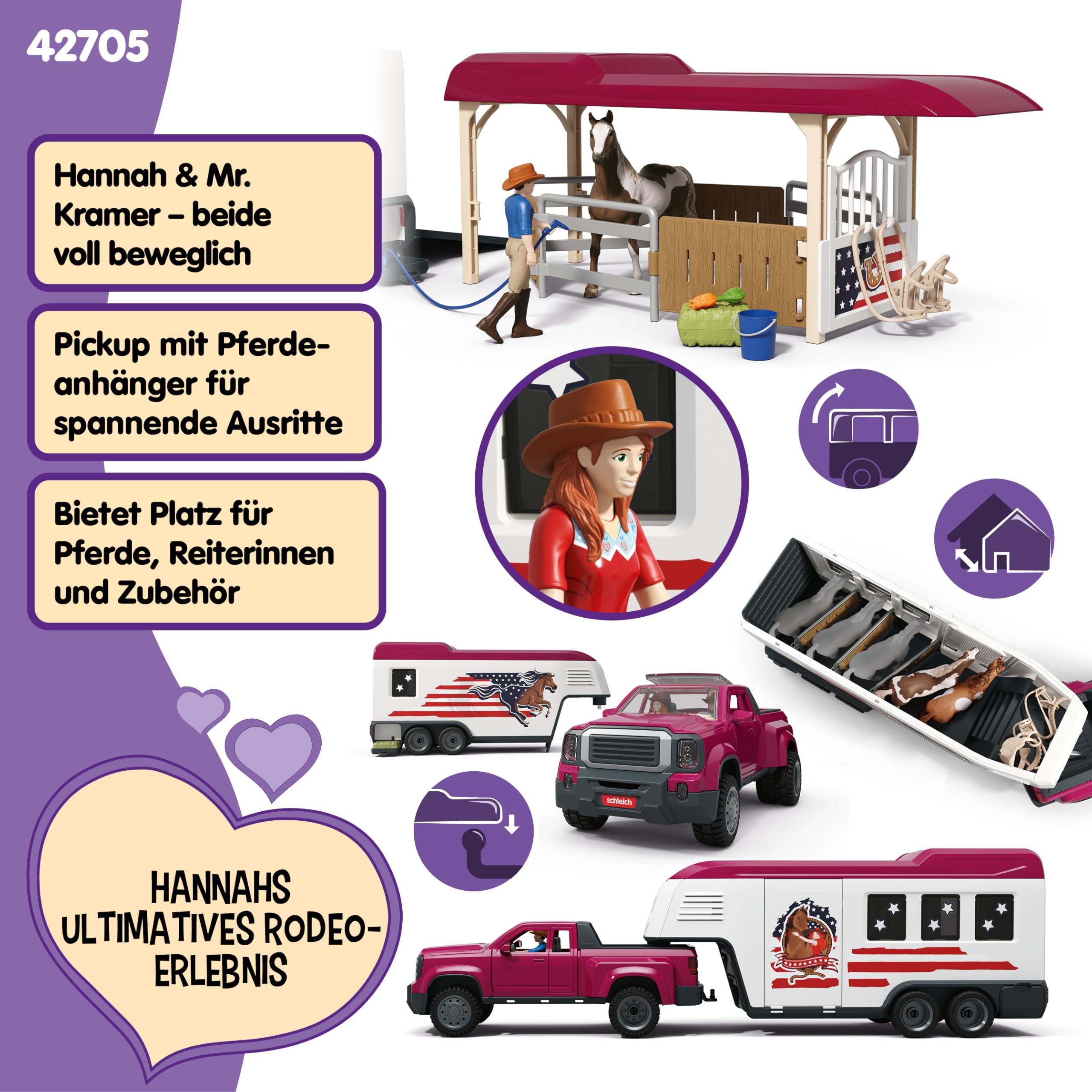 schleich Horse Club | Lakeside Truck mit Anhänger 42705 | 119-teiliges Set | Set inkl. Truck, Pferdeanhänger, Pferdebox, Hannah, 2 Pferde, Hund & Zubehör | Pferdespielzeug & Geschenk ab 5 Jahren
