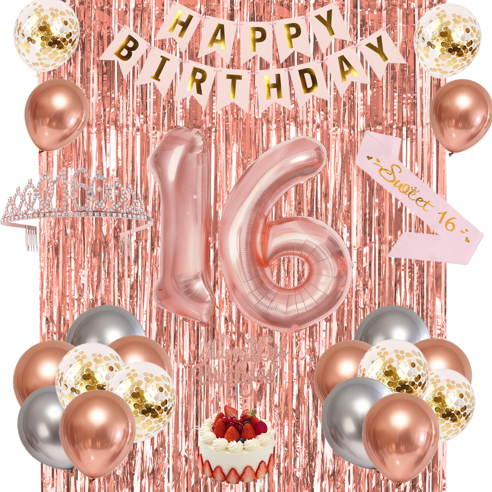 Sweet 16th Birthday Decorations for Girls, Banner, Crown, Sash, Cake Topper, Number Balloons, 16th Birthday Party Supplies (Rose Gold)
