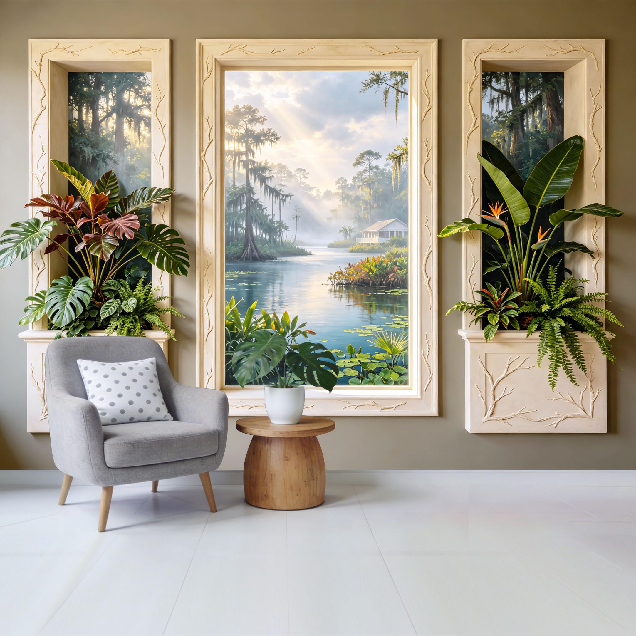 Custom Size Wall Mural Tropical Lake Landscape Botanical Greenery View Removable Self Adhesive Fabric Home Wall Decor for Living Room Bedroom Bathroom