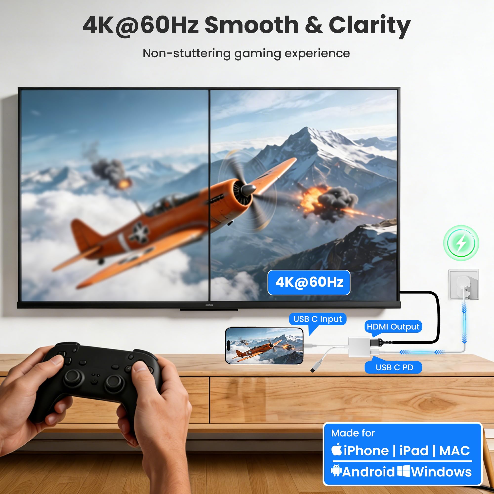 Adaptateur USB C et Lightning vers HDMI pour iPhone, 4K@60Hz 100W Adaptateur USB C vers HDMI pour iPhone 17/16/15/14/iPad/MacBook Certifié MFi iPad to hdmi Adapter for TV/Projecteur/Moniteur