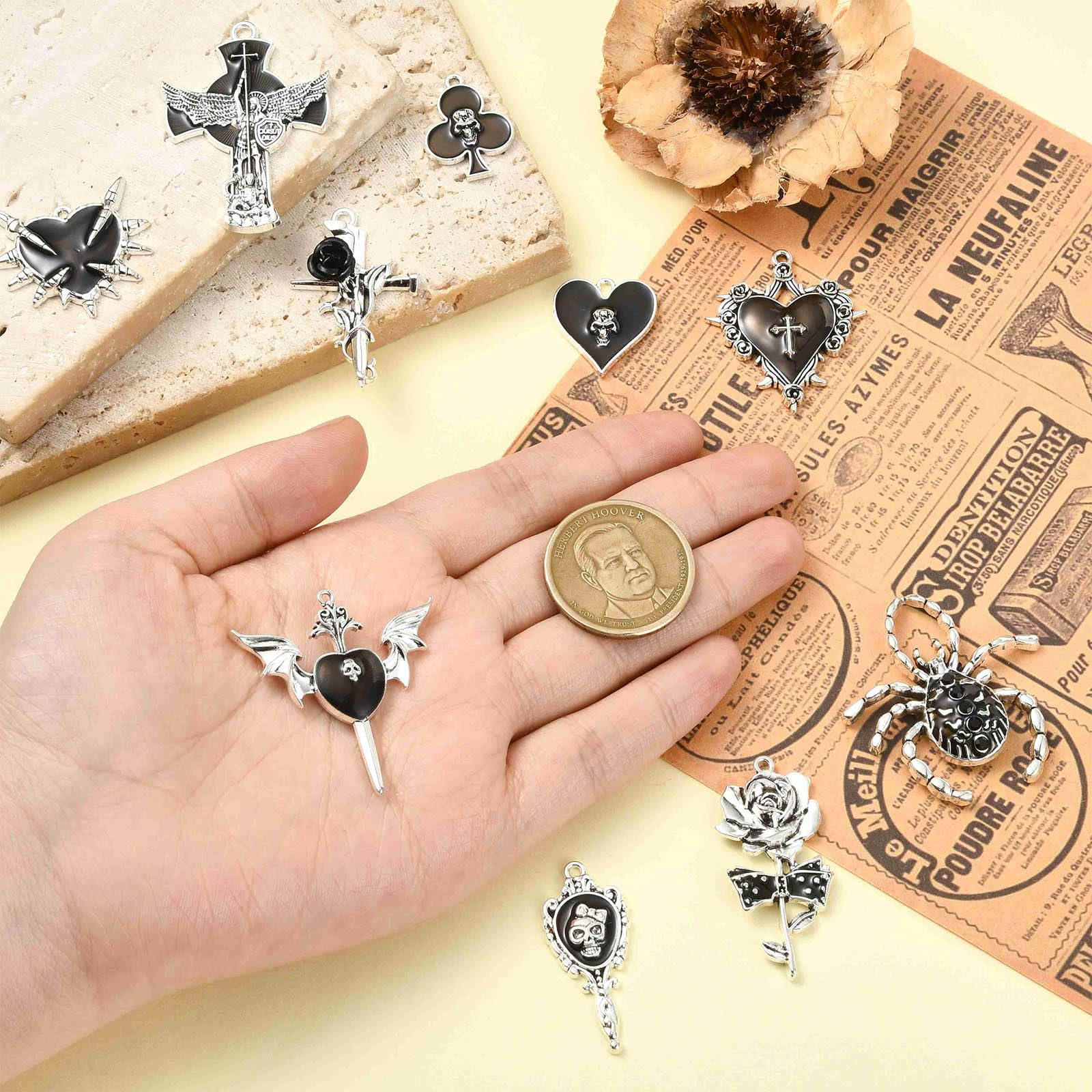 Stiesy 20Pcs 10 Styles Black Gothic Charms Pendant Skull Cross Wing Heart Flower Charm Bulk Punk Enamel Pendants for Jewellery Making Crafts Bracelets Necklaces DIY - Image 4