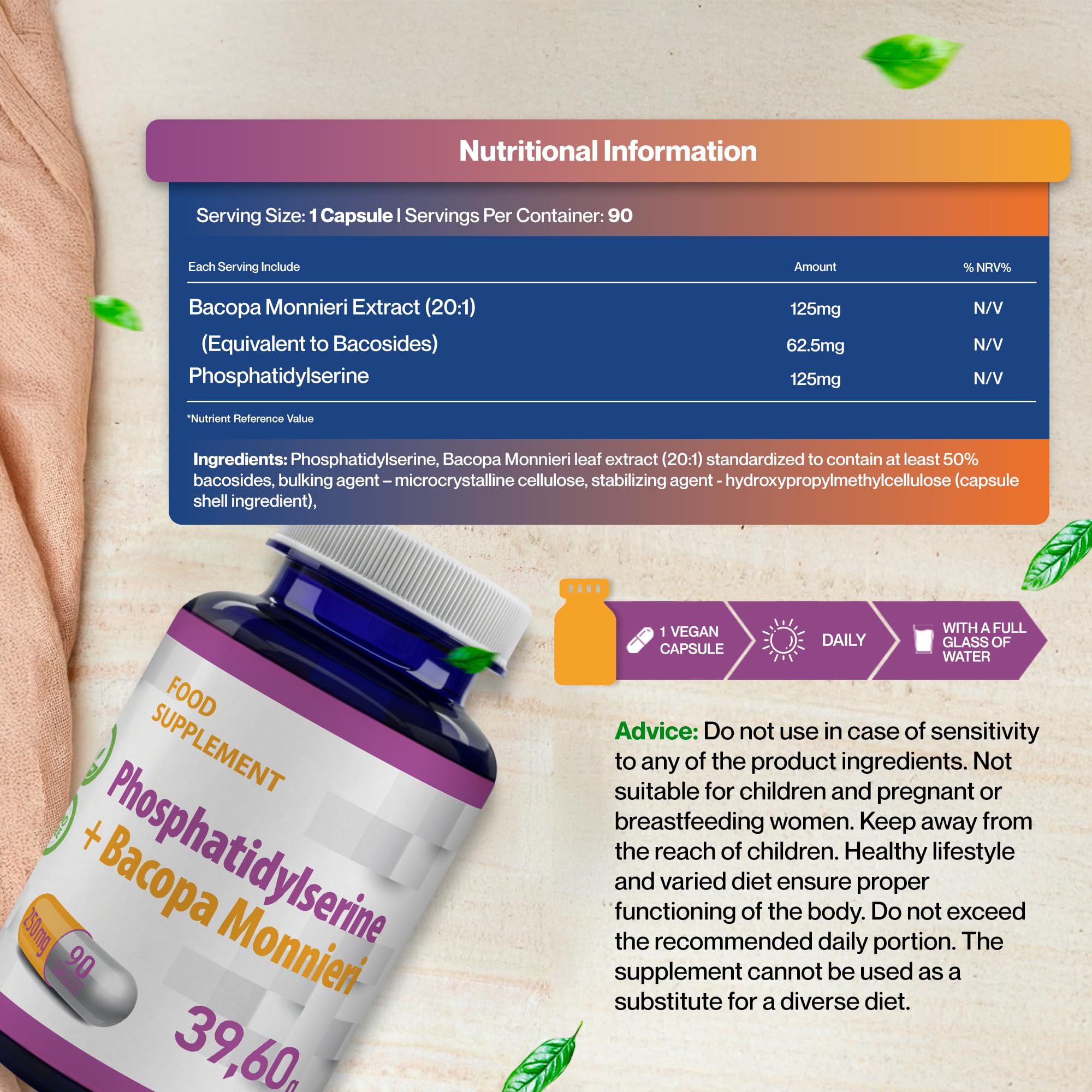 Hepatica Phosphatidylsérine + Bacopa Monnieri | PS 125 mg + Bacopa 20:1 Standardisé à 50% de Bacosides (62,5 mg) | 90 Gélules Véganes | Réserve 3 Mois | GMP & laboratoire indépendant