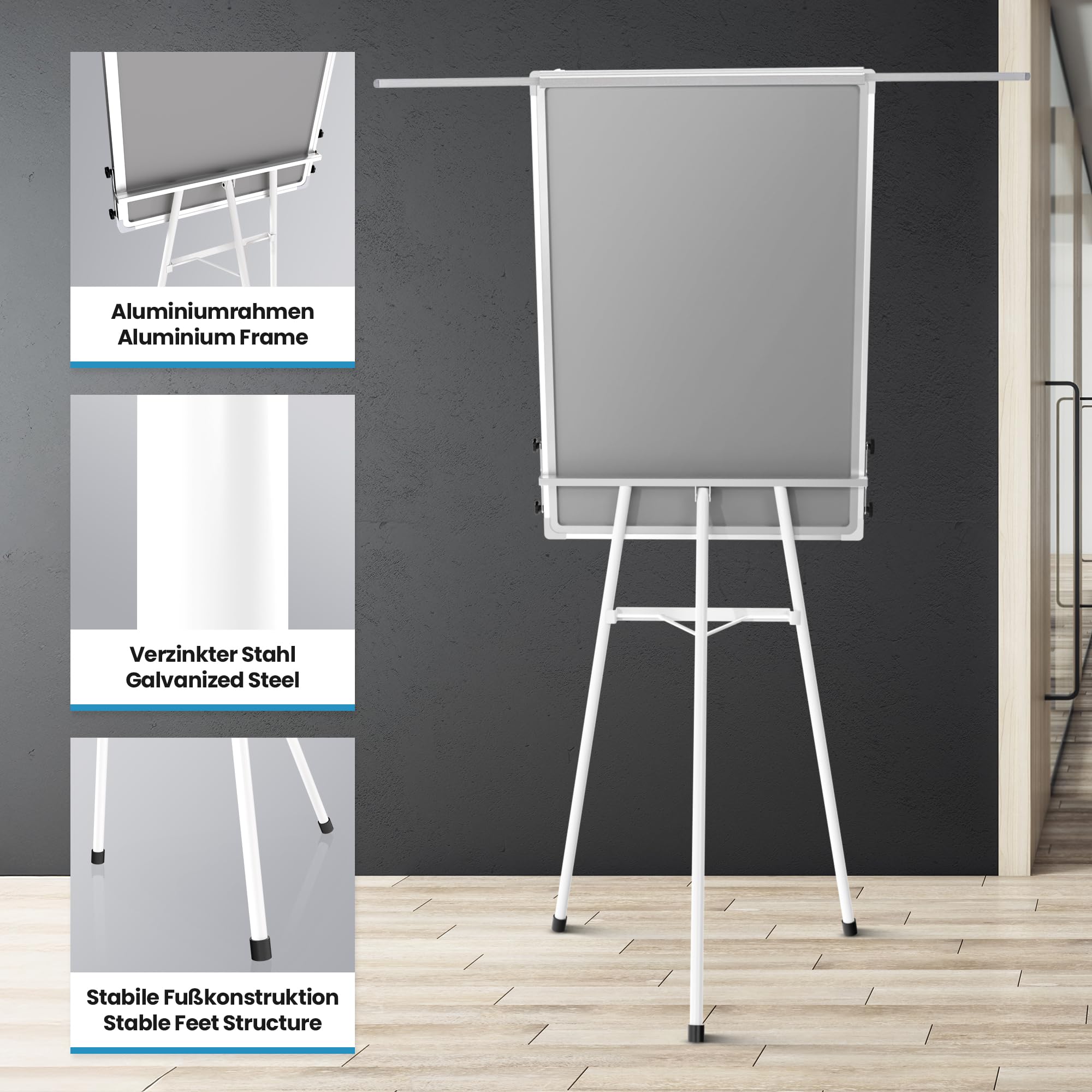 Jago® Chevalet de Conférence - Trépied Réglable en Hauteur, 60x90 cm, 2 Bras Extensibles, Magnétique, Effaçable, Incluant Marqueurs, Aimants, Papiers, Éponge - Paperboard, Tableau Magnétique Blanc
