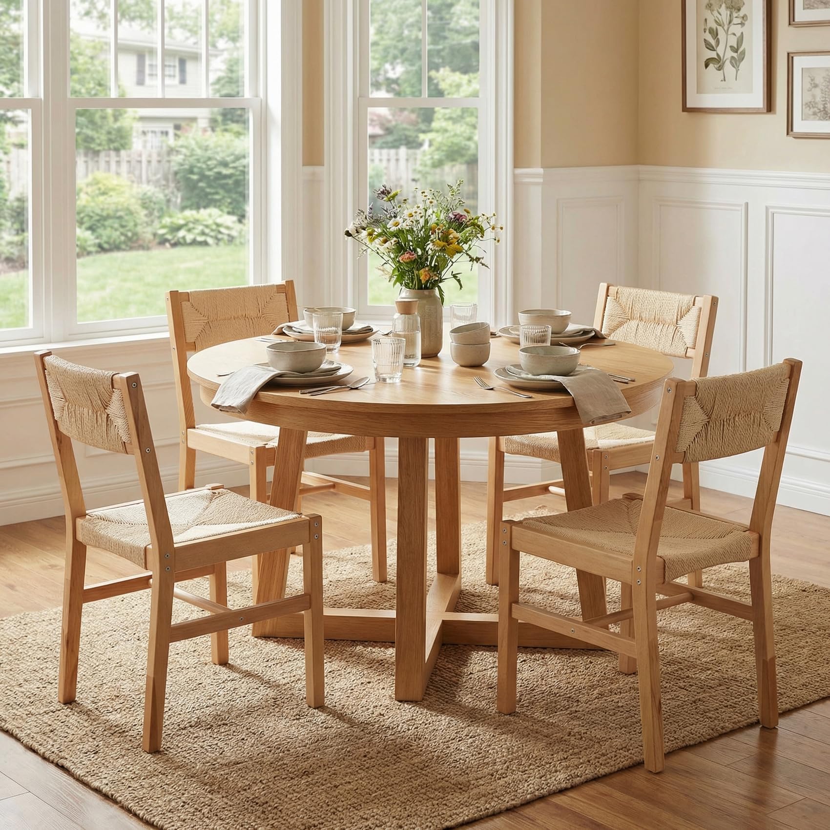 BESTANO Woven Rattan Dining Chairs Set of 4, Farmhouse Wicker Boho Dining Chairs, Armless Wooden Cane Kitchen Dining Chair with Weave Hemp Seat and