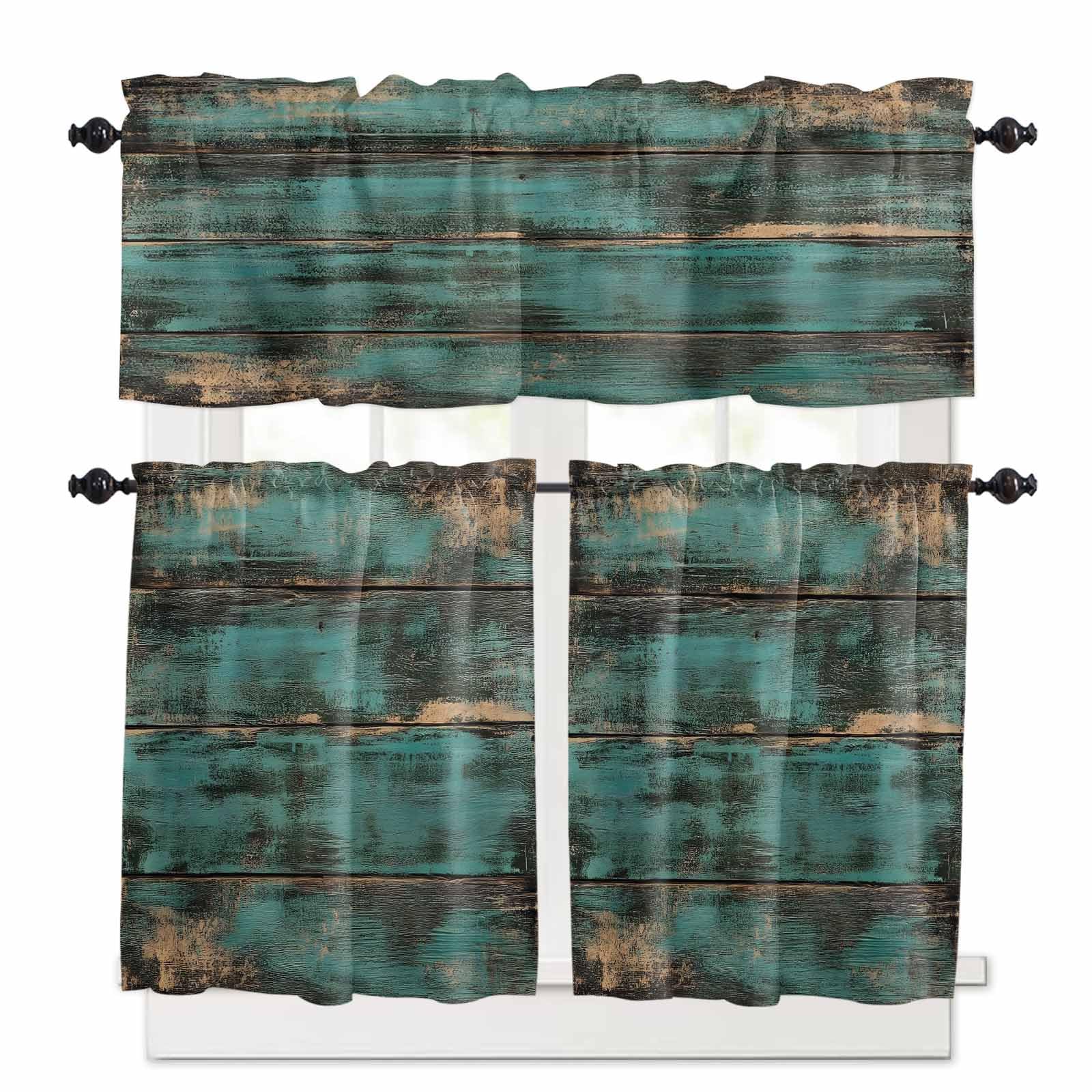 Teal Brown Wood Print Kitchen Curtains 36 Inch Length, 3 Piece Rod Pocket Small Half Tiers and Valance Set, Farmhouse Vintage Plank Small Large Window Treatment Decor for Bedroom/Bathroom Sink