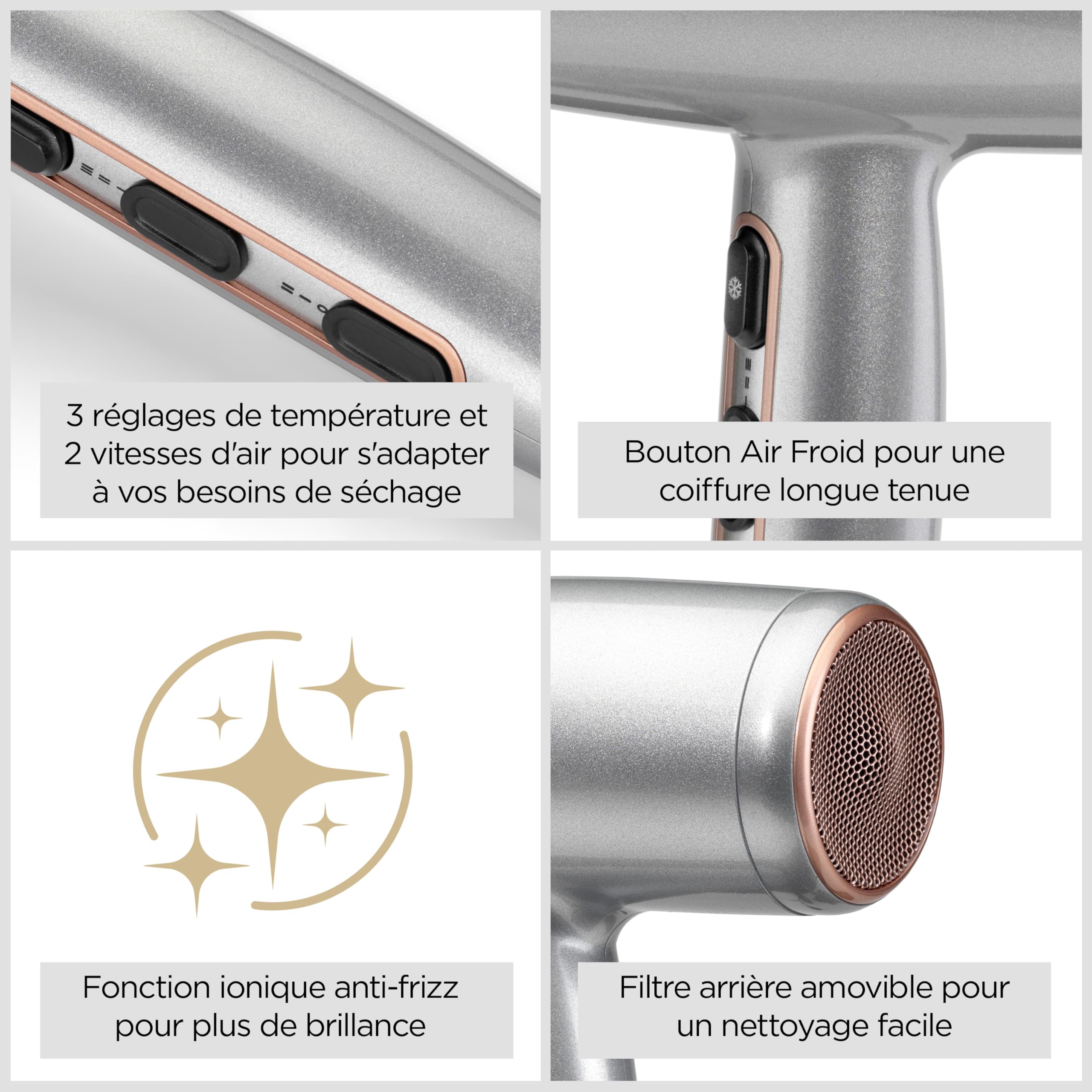 BaByliss Sèche-Cheveux Cosmos avec Diffuseur, Léger – NOUVEAUTÉ 2025, Sèche-cheveux puissant et élégant de 2100W, Technologie ionique anti-frisottis, 3 températures & 2 vitesses, Argenté, D580DE