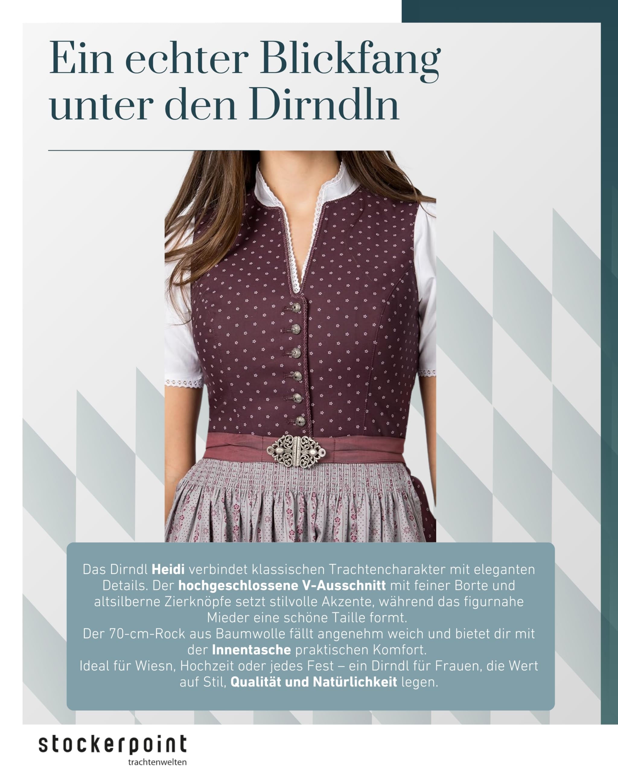 Stockerpoint Damen Dirndl Heidi I Größe 32-48 I Bequemes Trachtenkleid mit Schürze & liebevollen Details I Atmungsaktiv & pflegeleicht I Perfekt für Trachten & Festlichkeiten